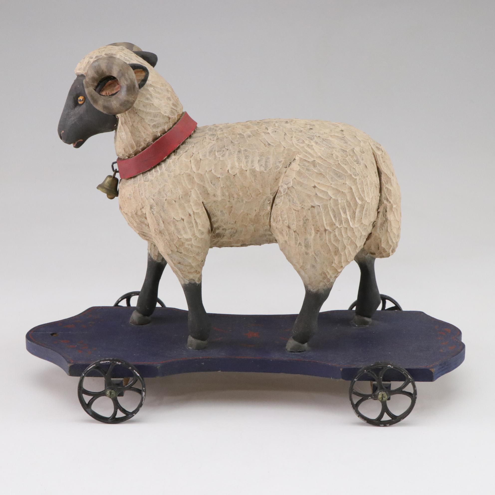 Hand Carved Wooden Folk Art Sheep Pull Toy, 1980s