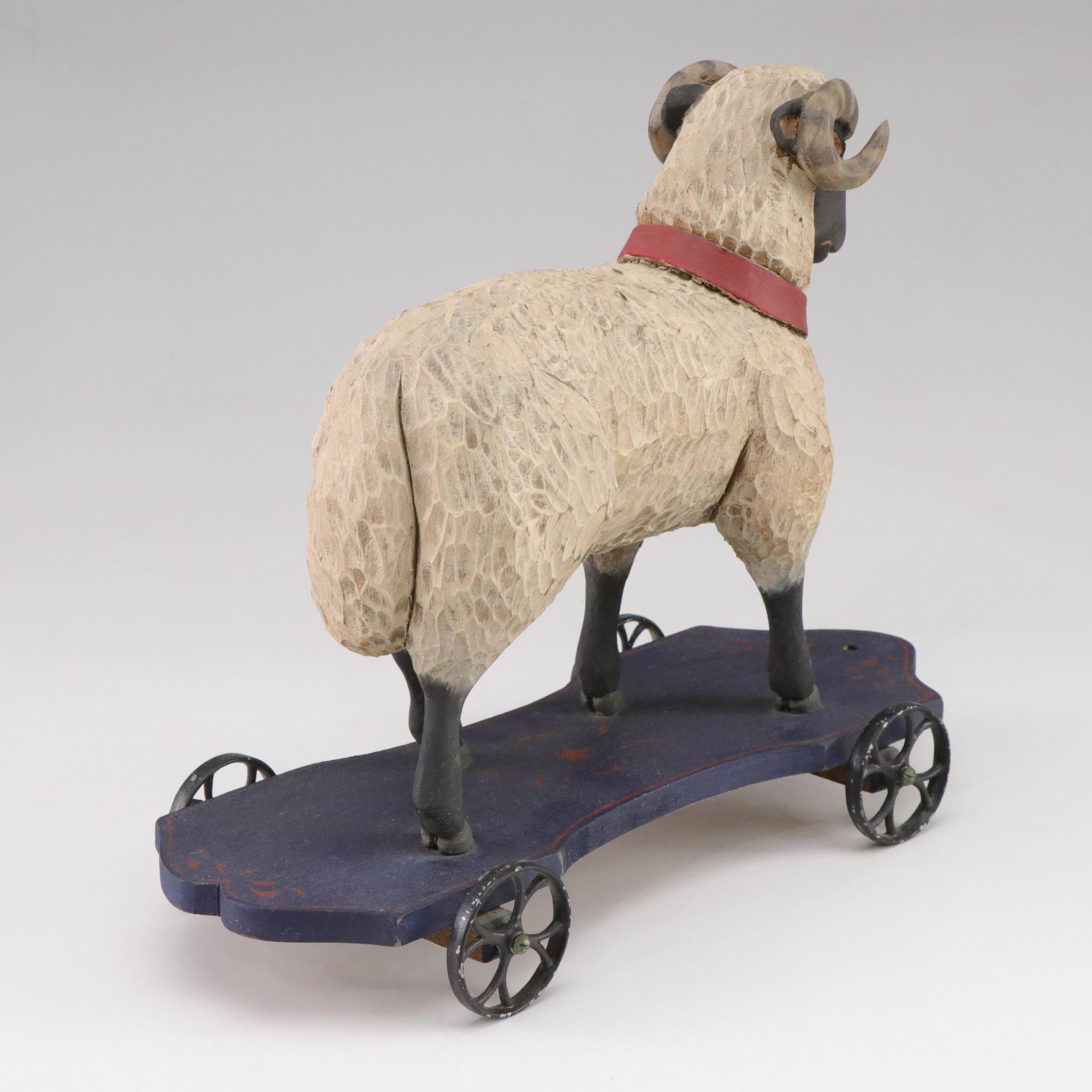 Hand Carved Wooden Folk Art Sheep Pull Toy, 1980s
