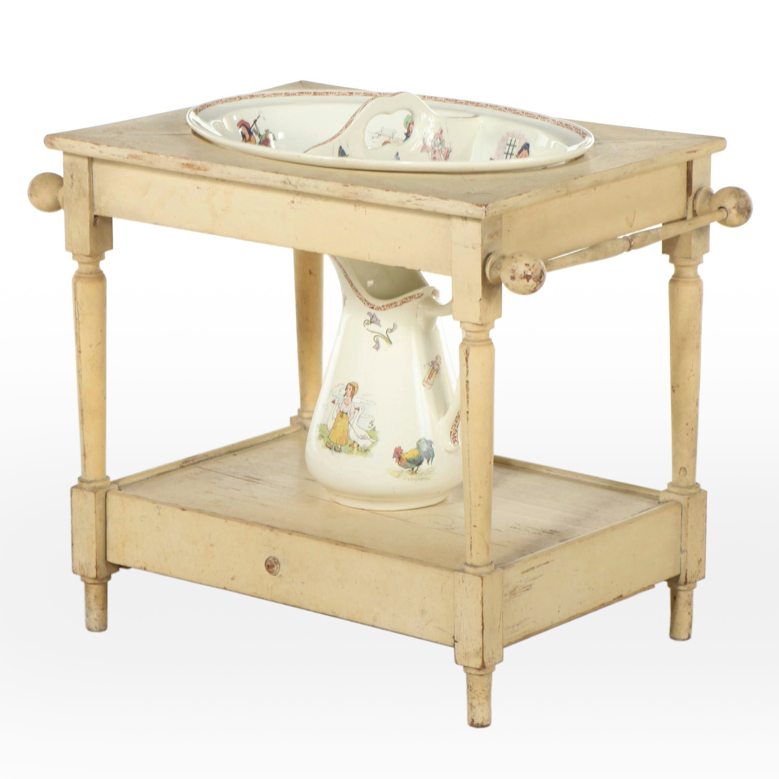 Victorian Doll Washstand with Ceramic Kate Greenaway Pitcher and Handled Basin