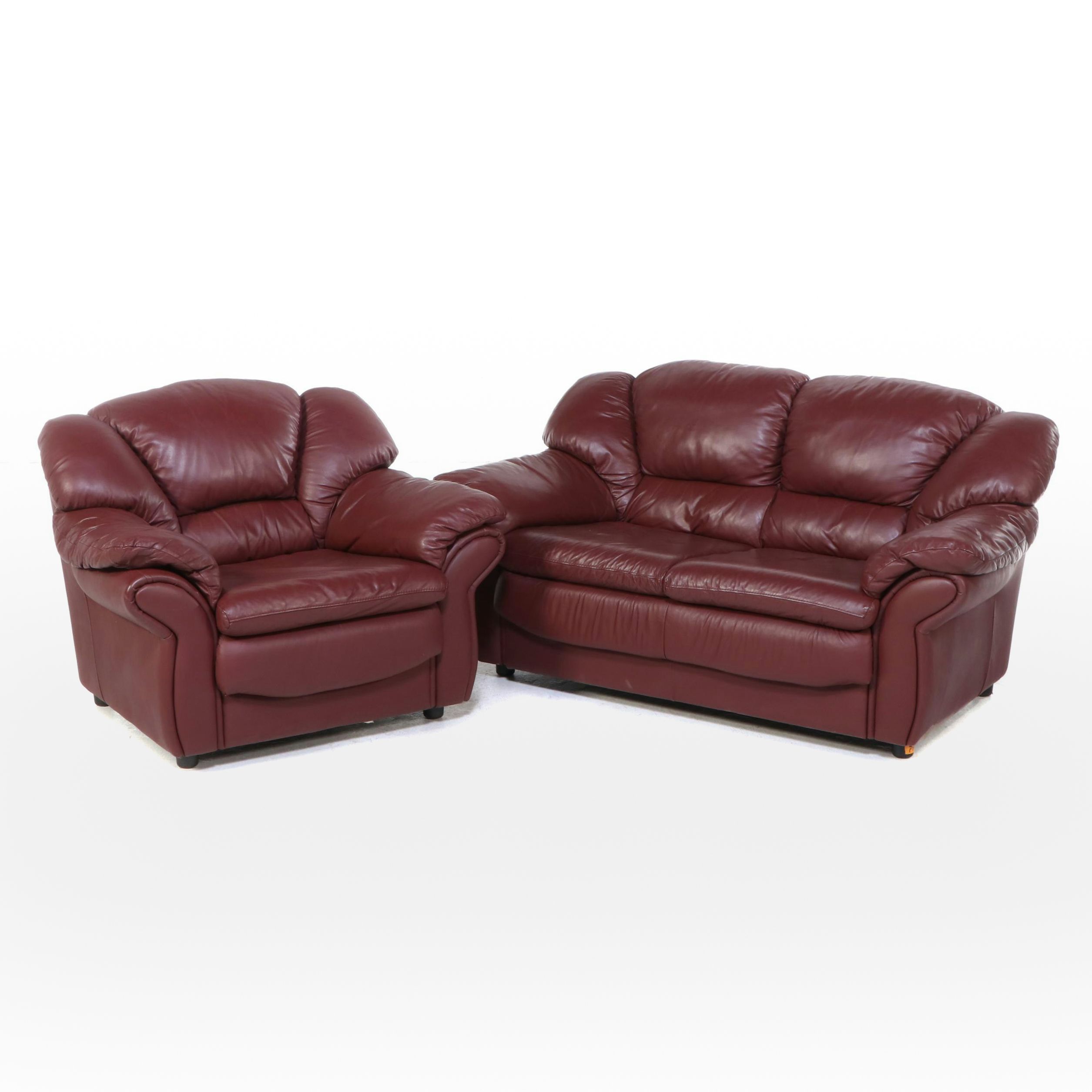 Overstuffed Leather Loveseat and Armchair
