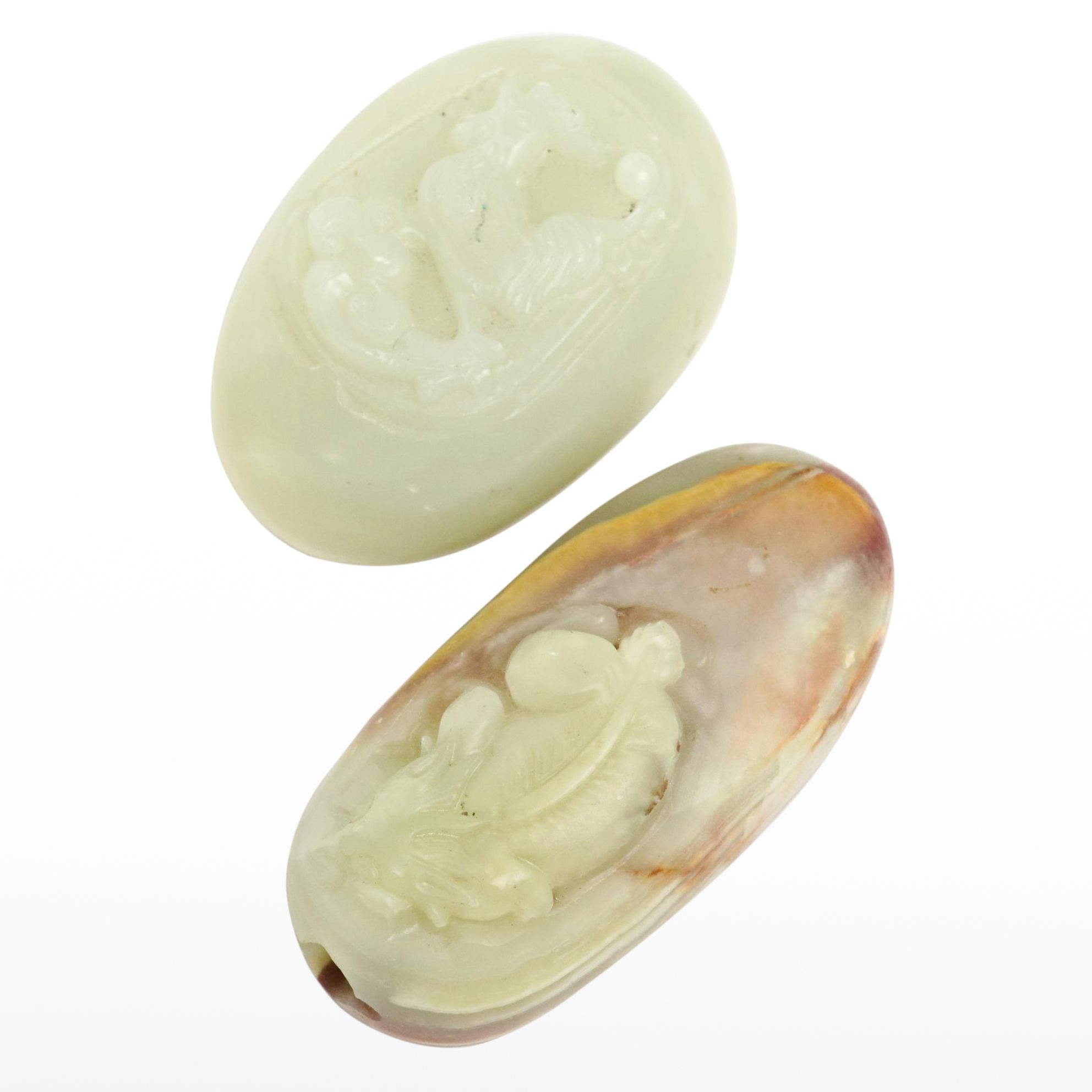 Chinese Hand-Carved Serpentine Pendants with Rooster and Dragon Motifs