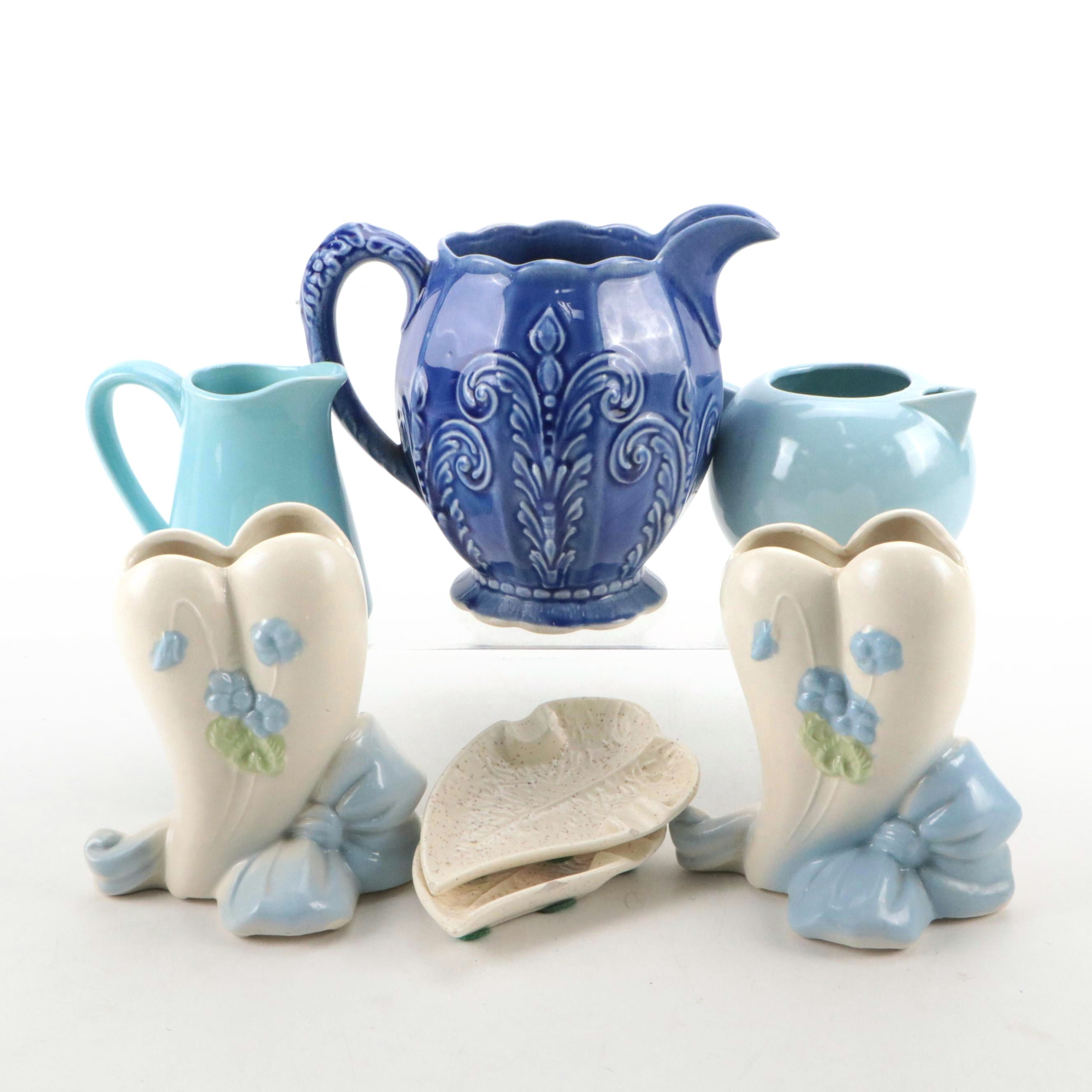 Blue Ceramic Pitchers with Vases, Ashtrays and Creamer, Mid-20th Century