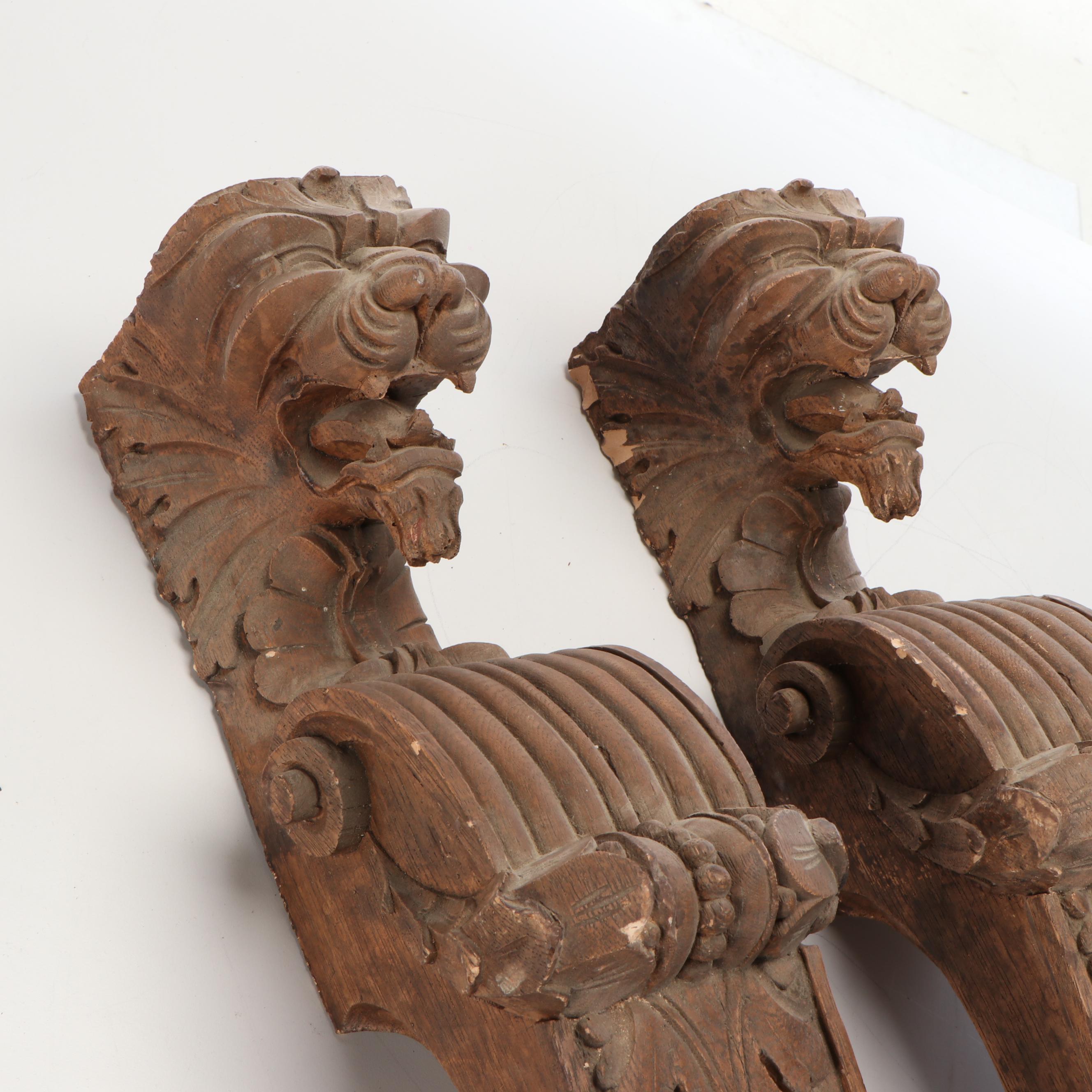 Pair of Hand-Carved Architectural Salvage Oak Griffin Head Wood Corbels