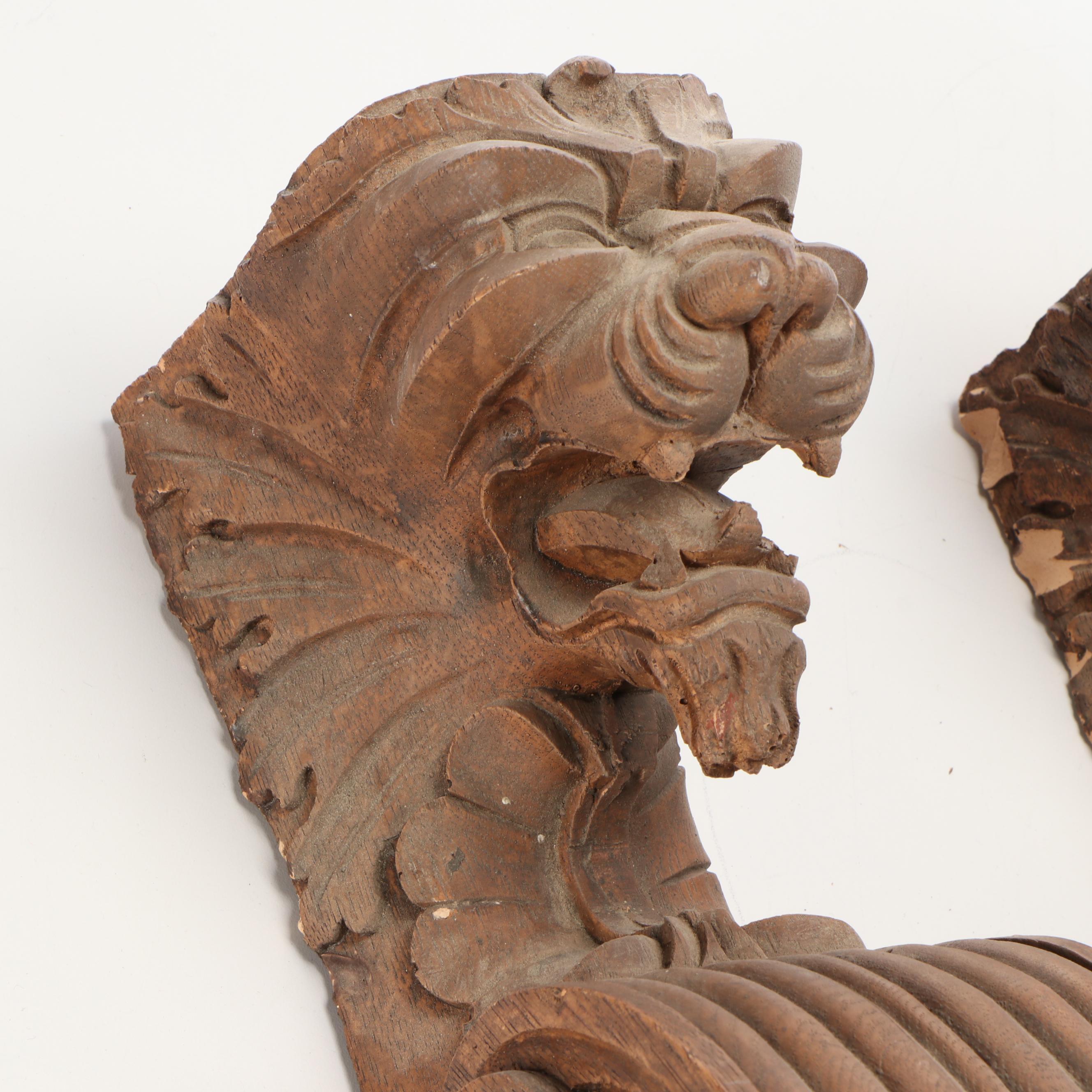 Pair of Hand-Carved Architectural Salvage Oak Griffin Head Wood Corbels