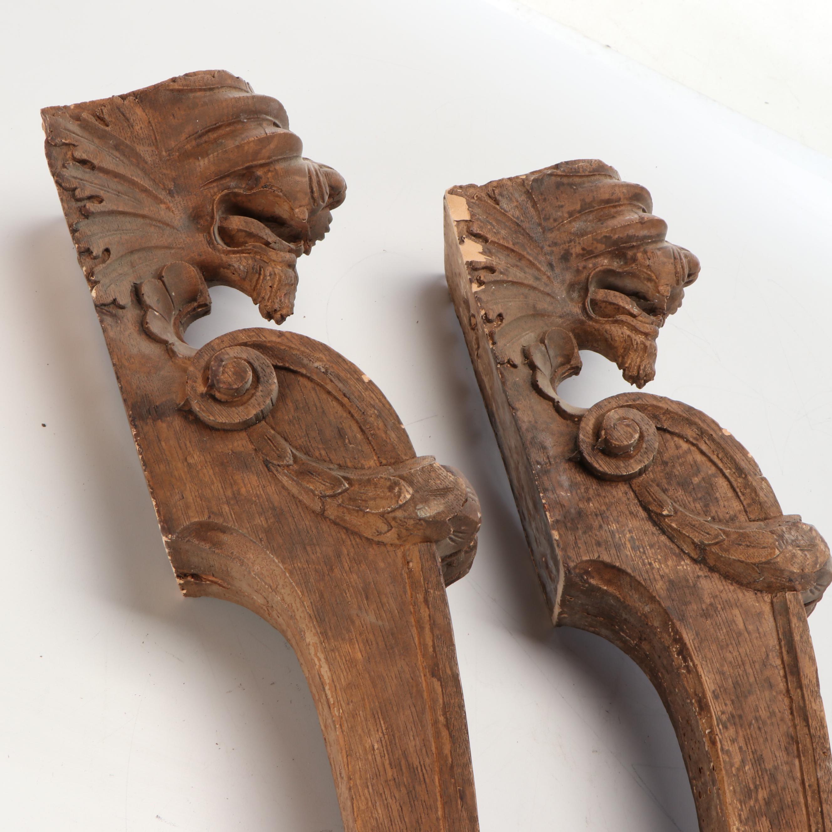 Pair of Hand-Carved Architectural Salvage Oak Griffin Head Wood Corbels