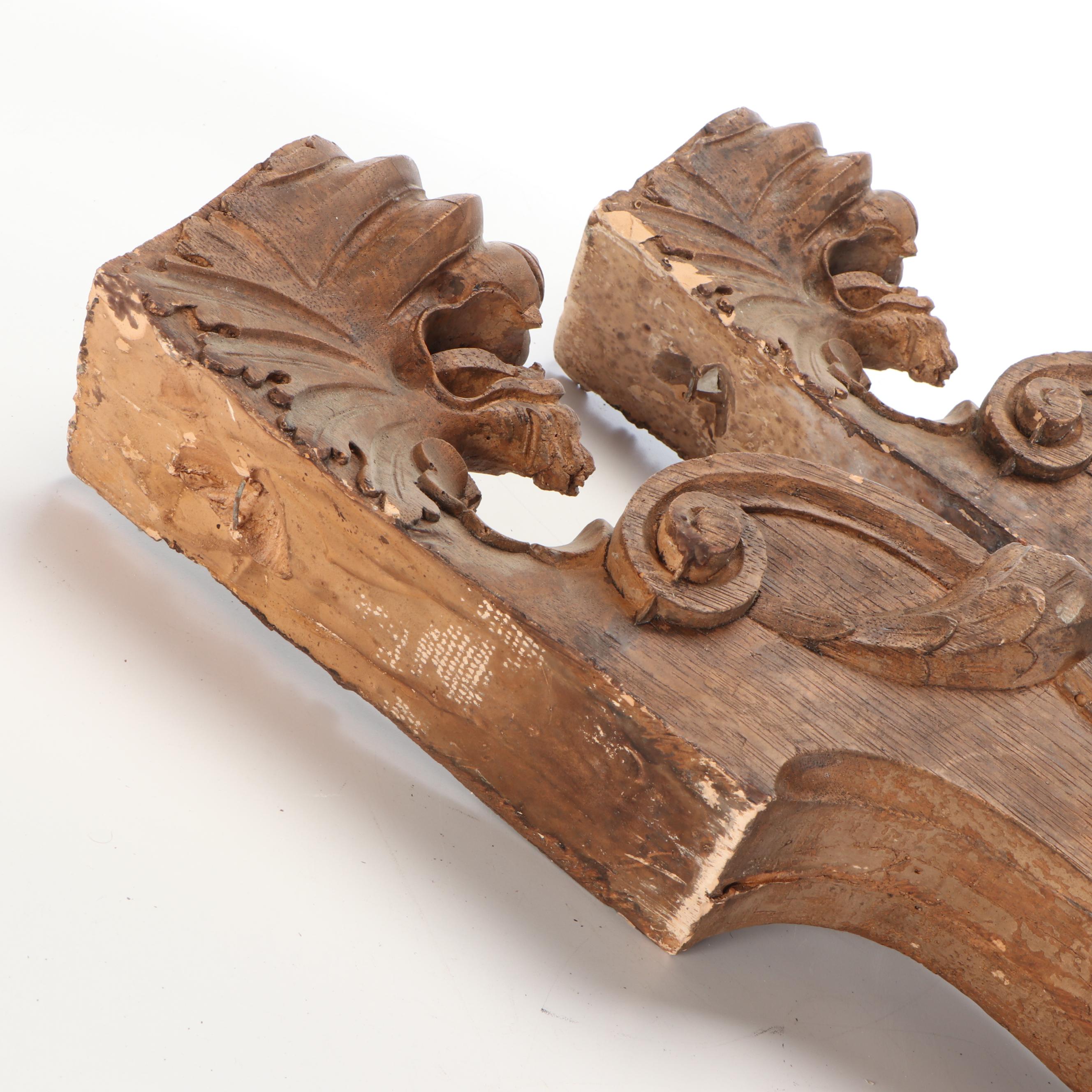 Pair of Hand-Carved Architectural Salvage Oak Griffin Head Wood Corbels