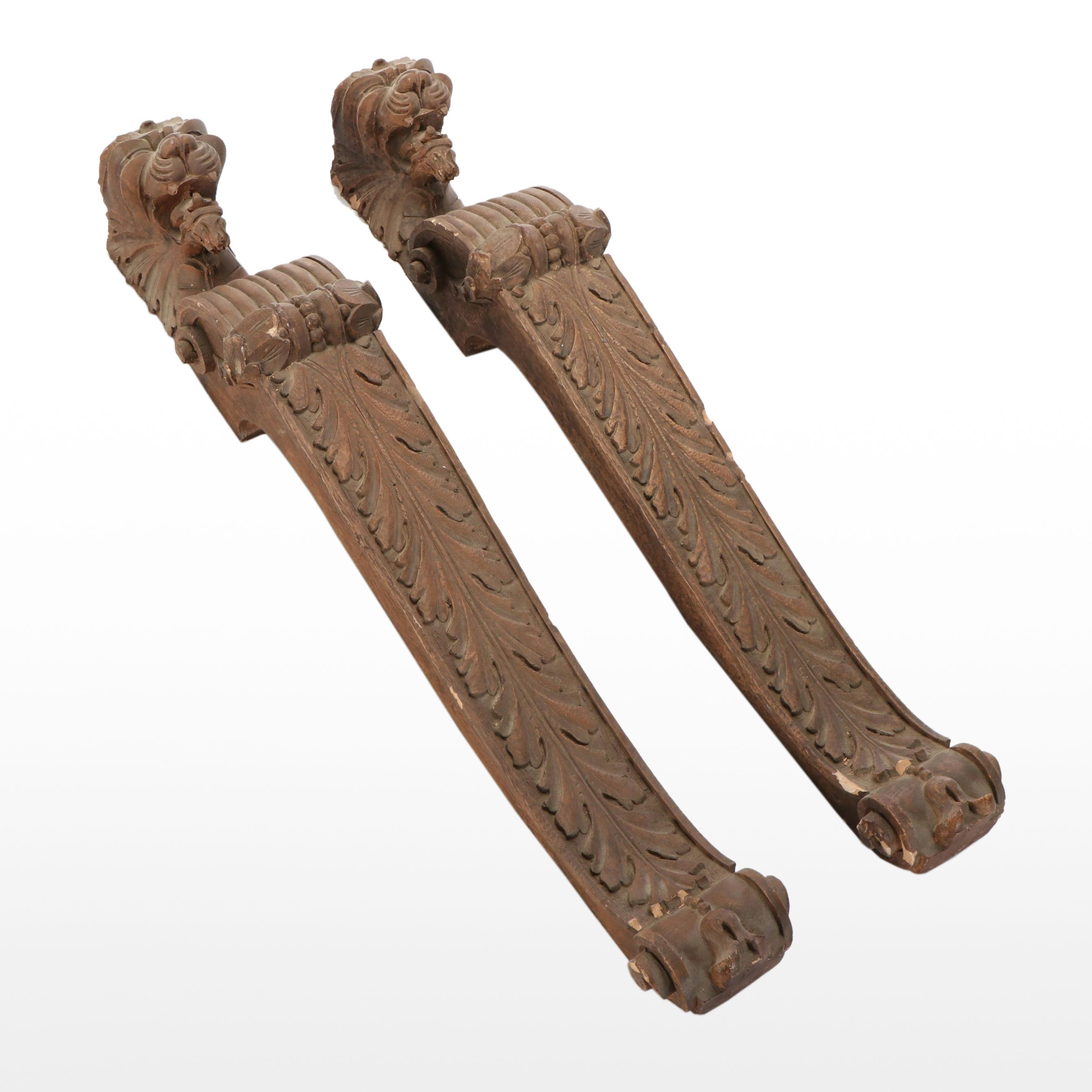 Pair of Hand-Carved Architectural Salvage Oak Griffin Head Wood Corbels