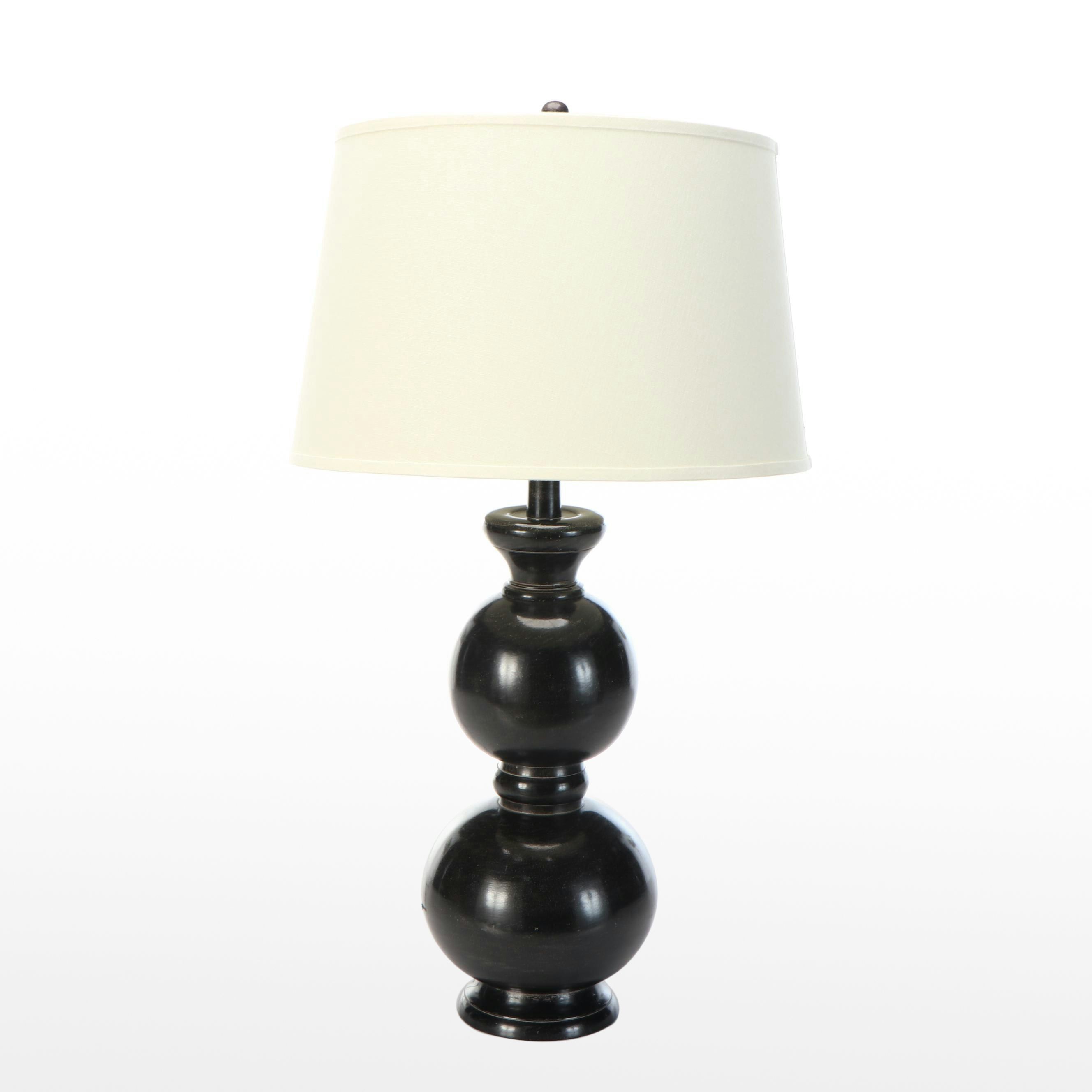 Pottery Barn Outlet Stacked Black Orbs Table Lamp and Drum Shade, 21st Century
