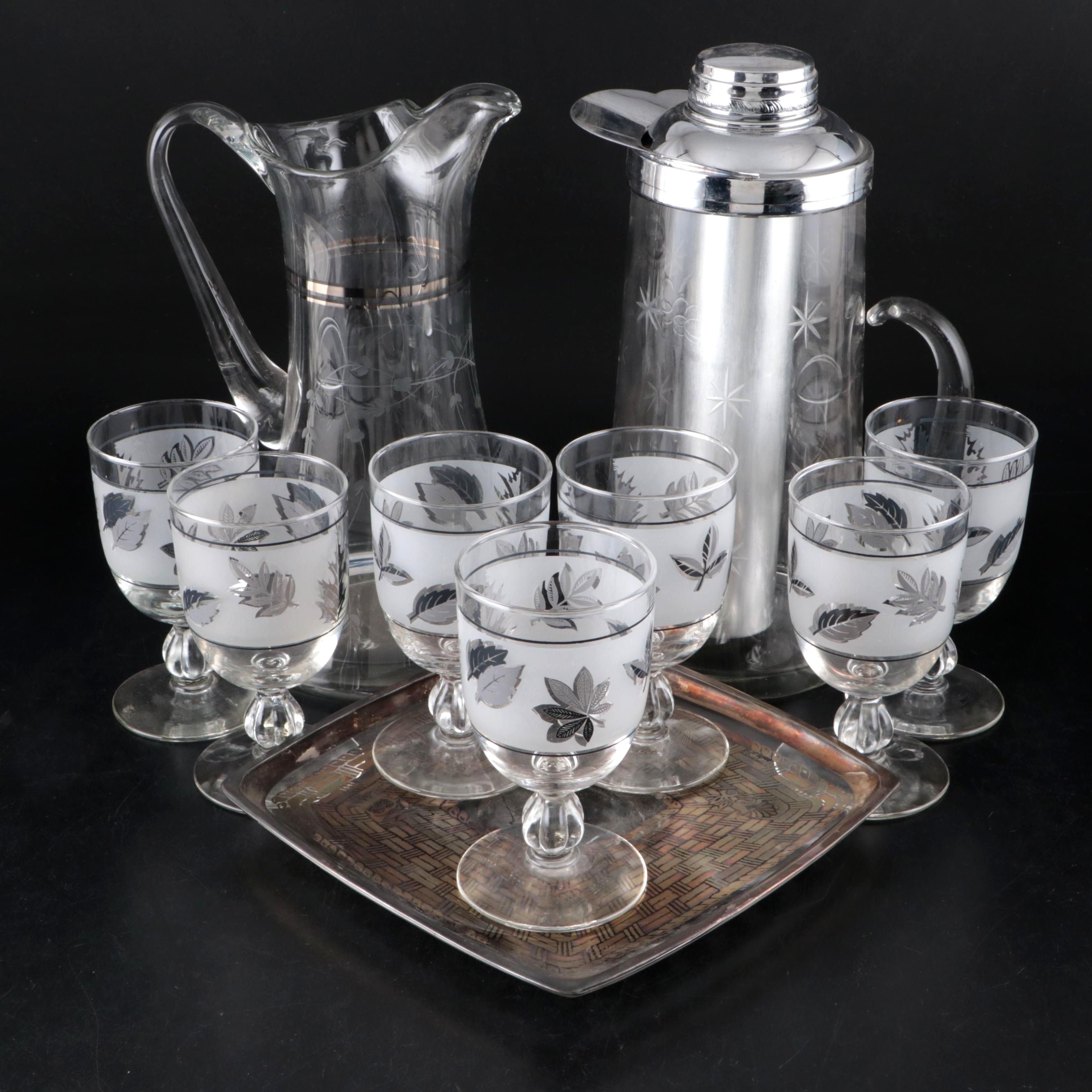 Georges Briard Glass Platter with Libbey and Other Mid Century Modern Barware