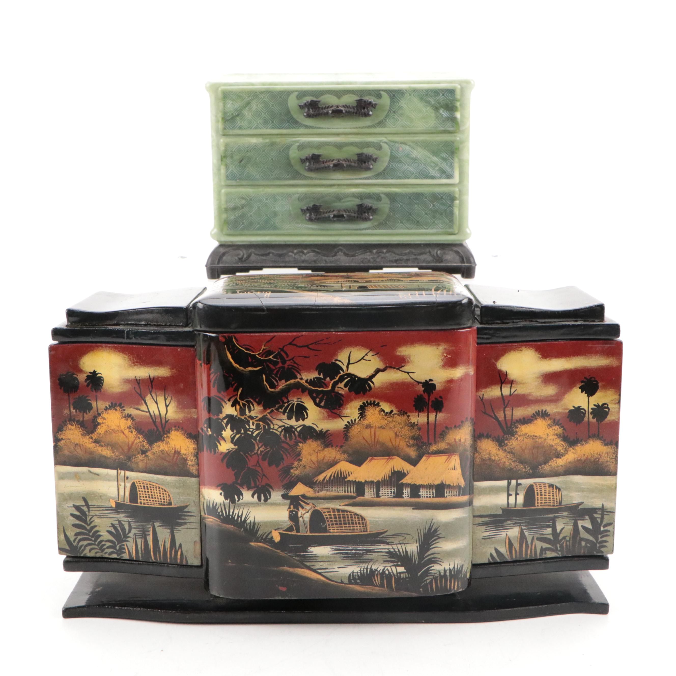 Chinese Jewelry Box and Japanese Hand-Painted Black Lacquerware Jewelry Box
