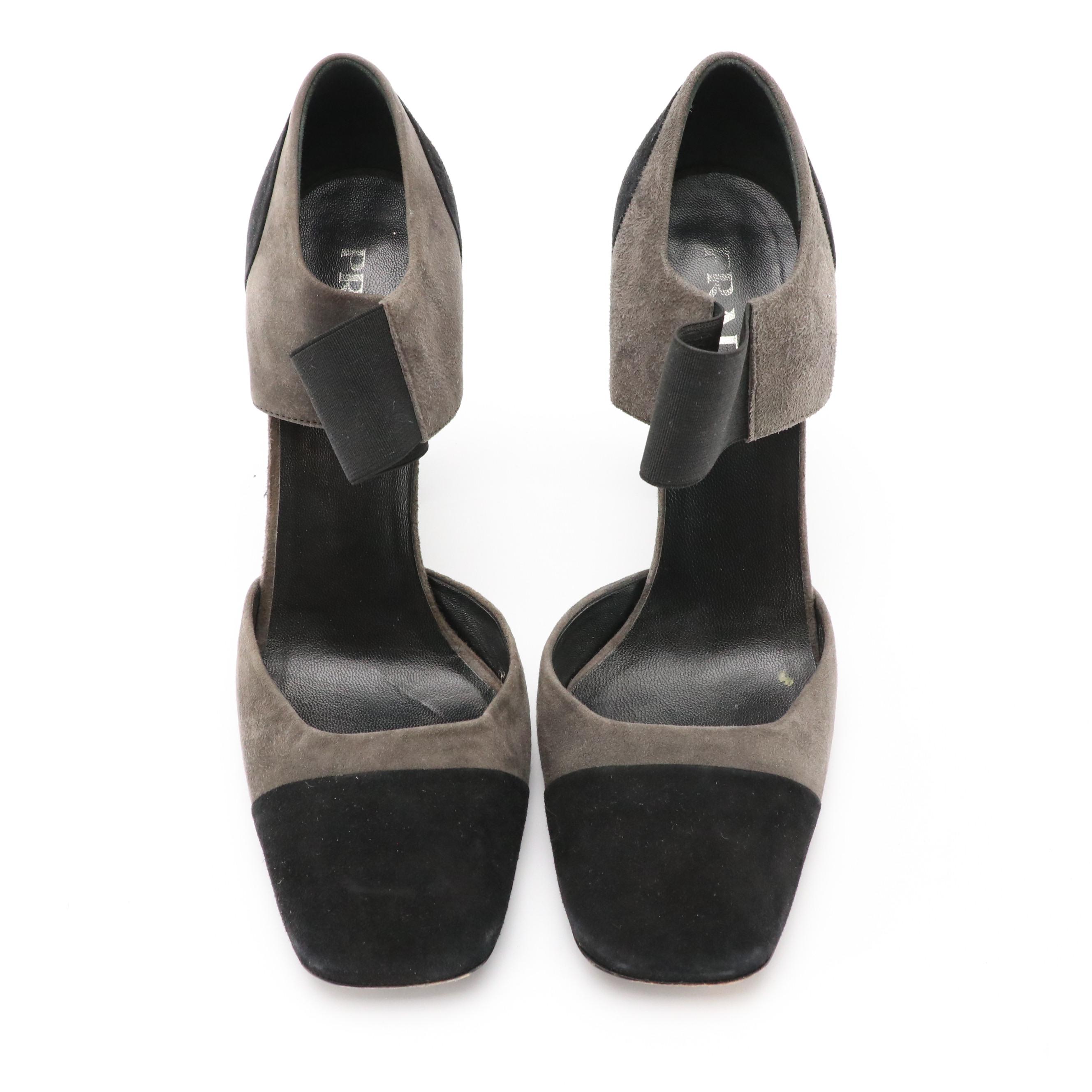 Prada Black and Grey Suede Square-Toe D'Orsay Pumps in Box