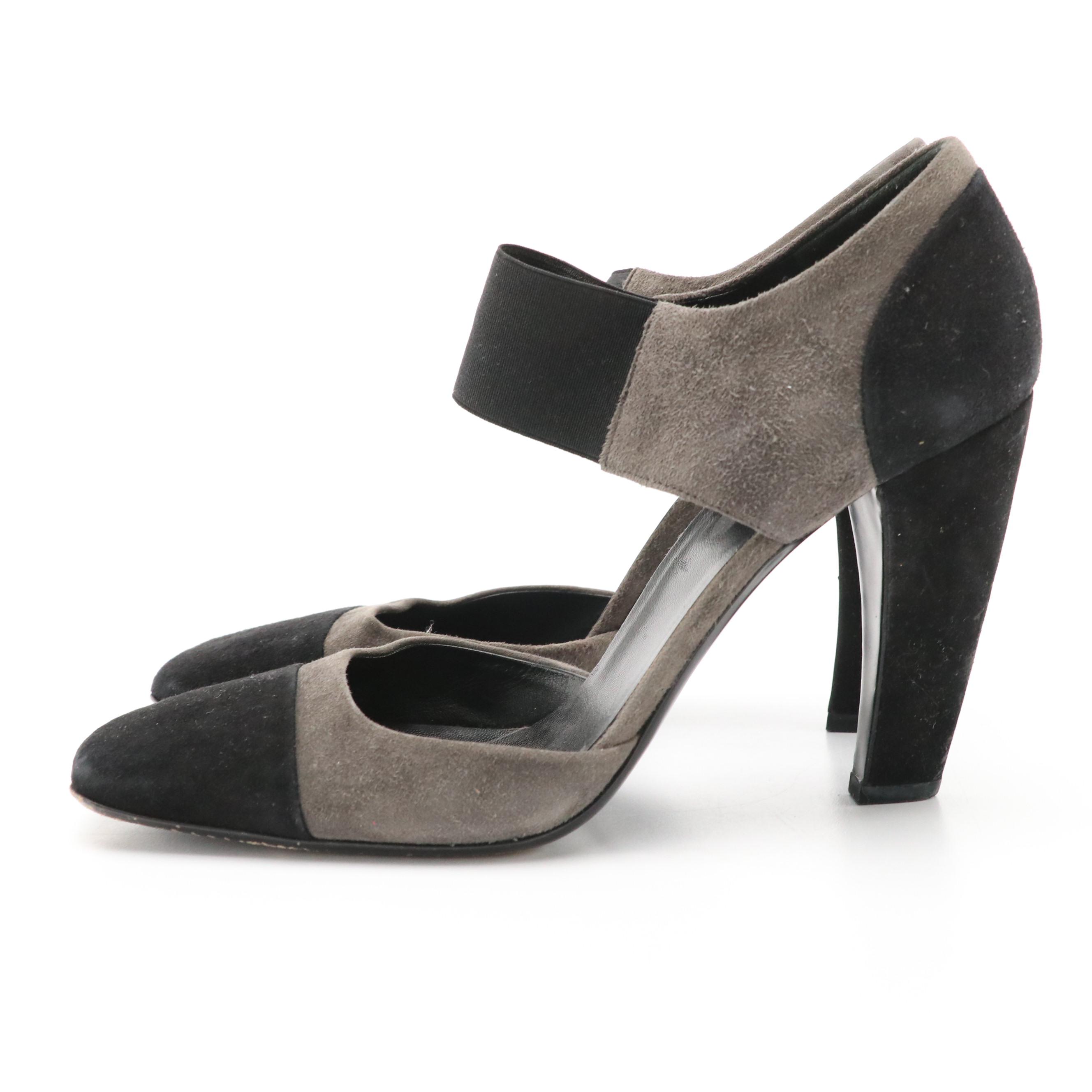 Prada Black and Grey Suede Square-Toe D'Orsay Pumps in Box