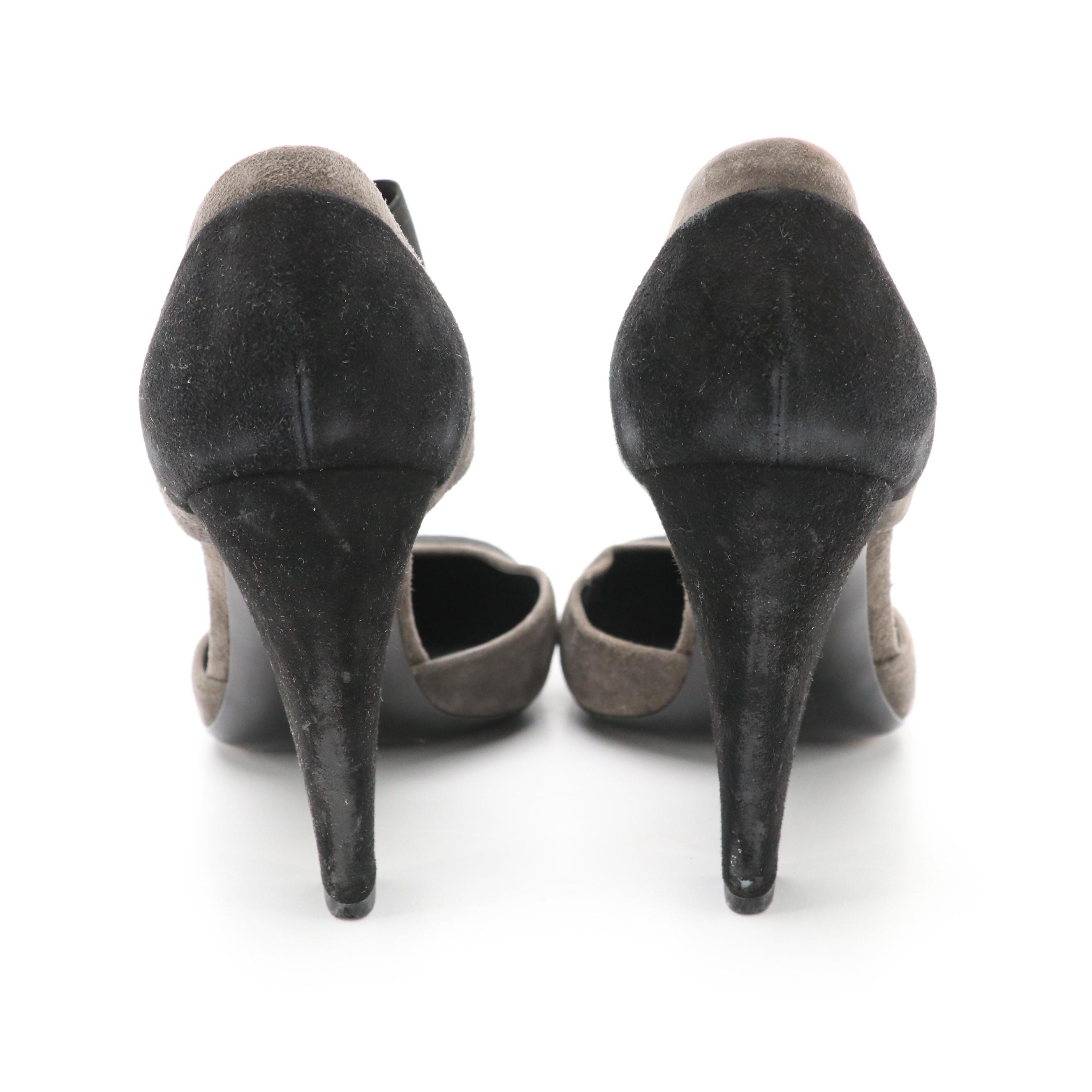 Prada Black and Grey Suede Square-Toe D'Orsay Pumps in Box