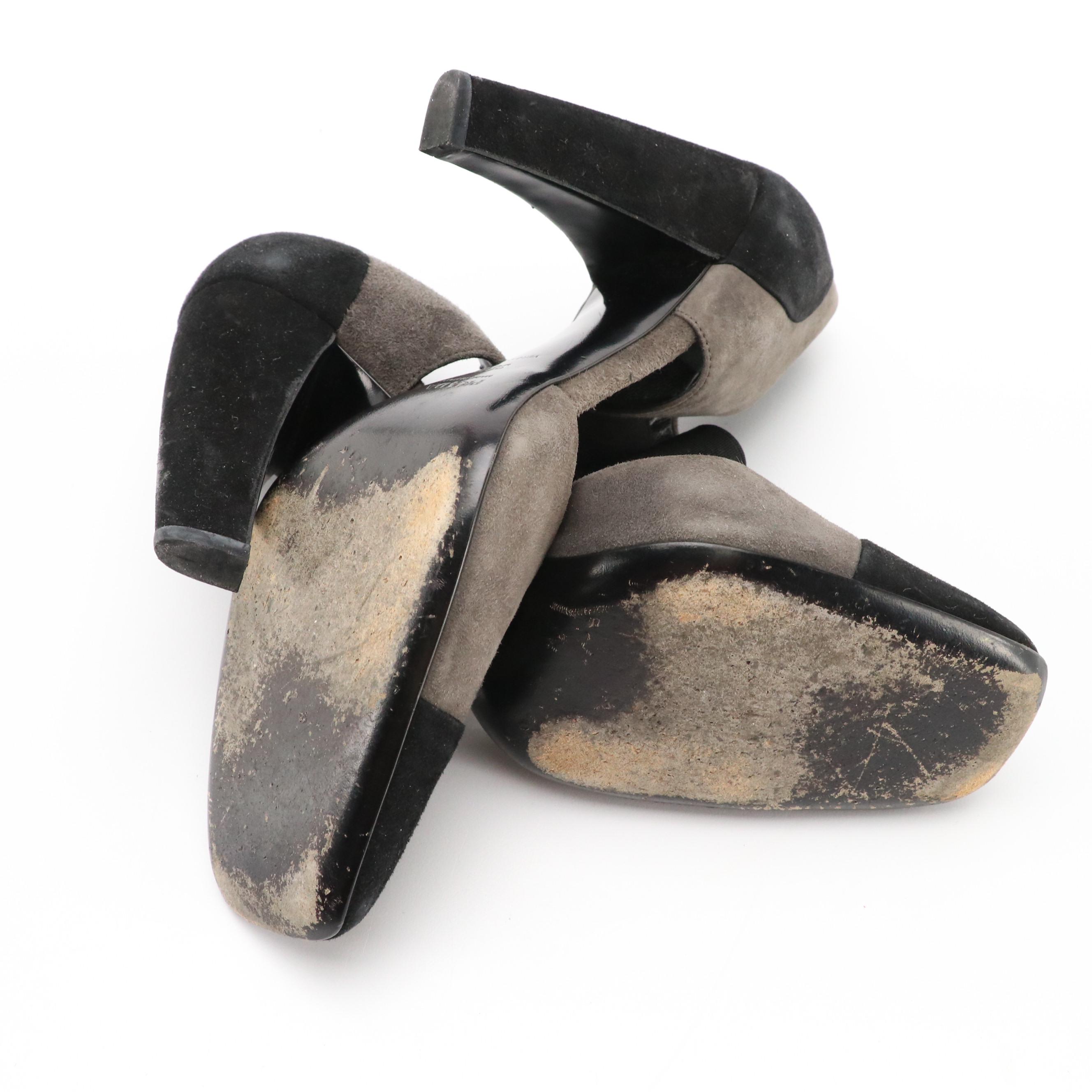 Prada Black and Grey Suede Square-Toe D'Orsay Pumps in Box