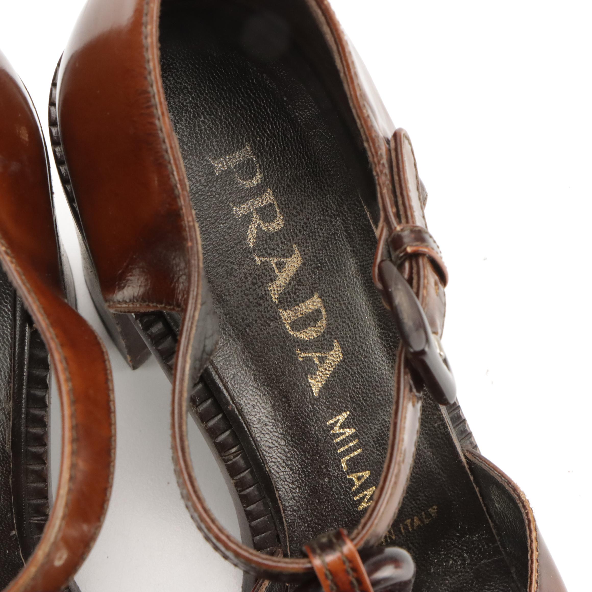 Prada Vintage T-Strap Block Heel Sandals in Distressed Brown Leather, With Box