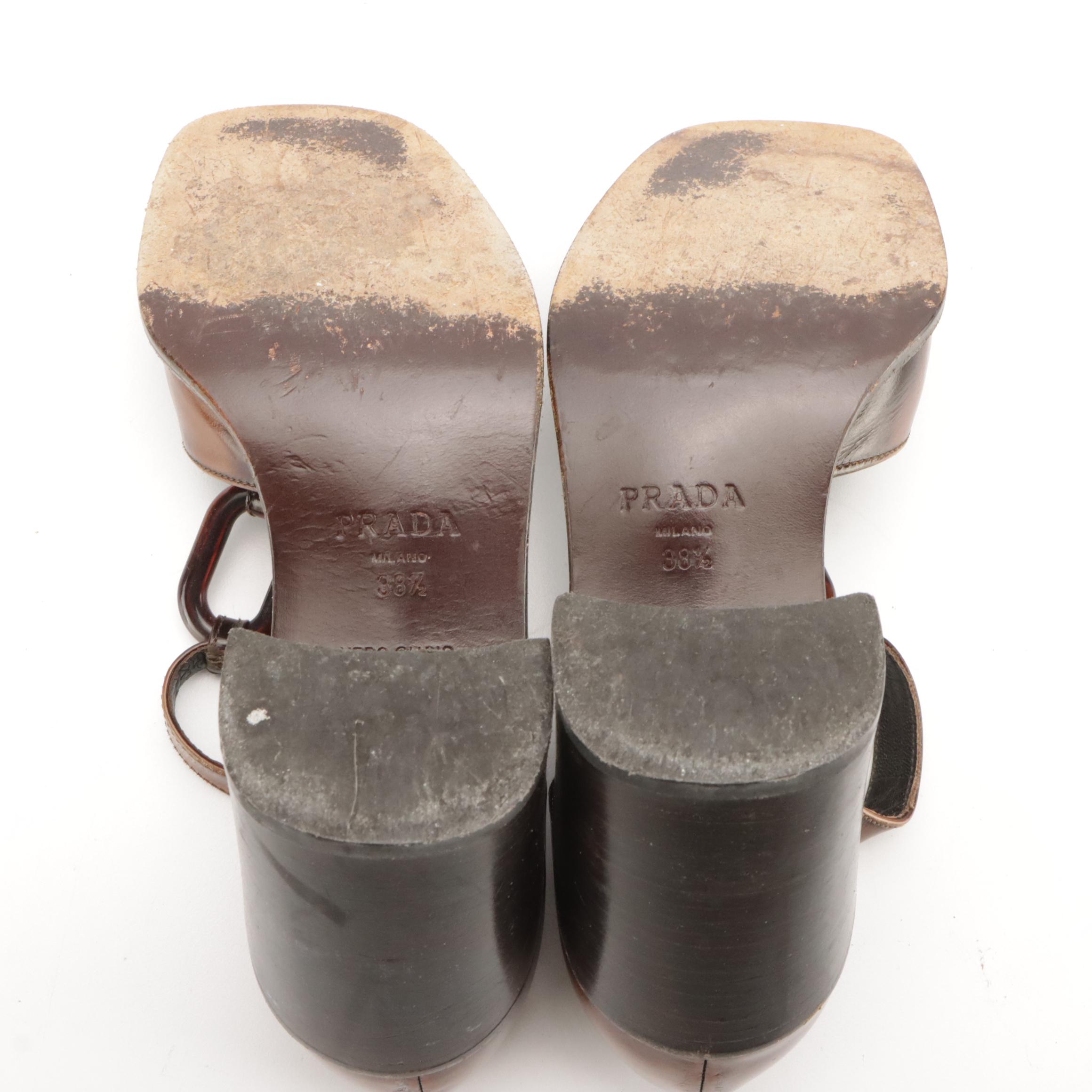 Prada Vintage T-Strap Block Heel Sandals in Distressed Brown Leather, With Box