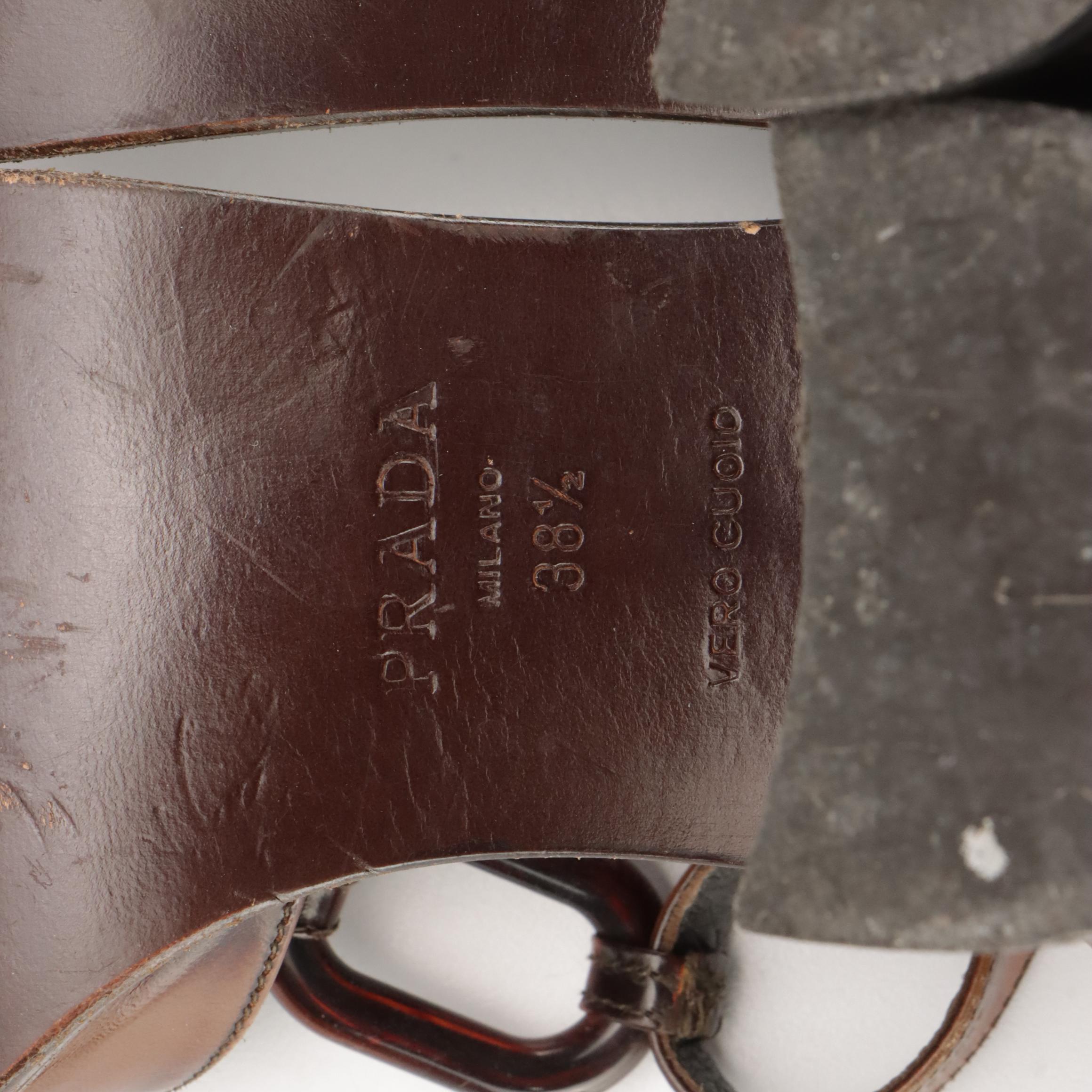 Prada Vintage T-Strap Block Heel Sandals in Distressed Brown Leather, With Box