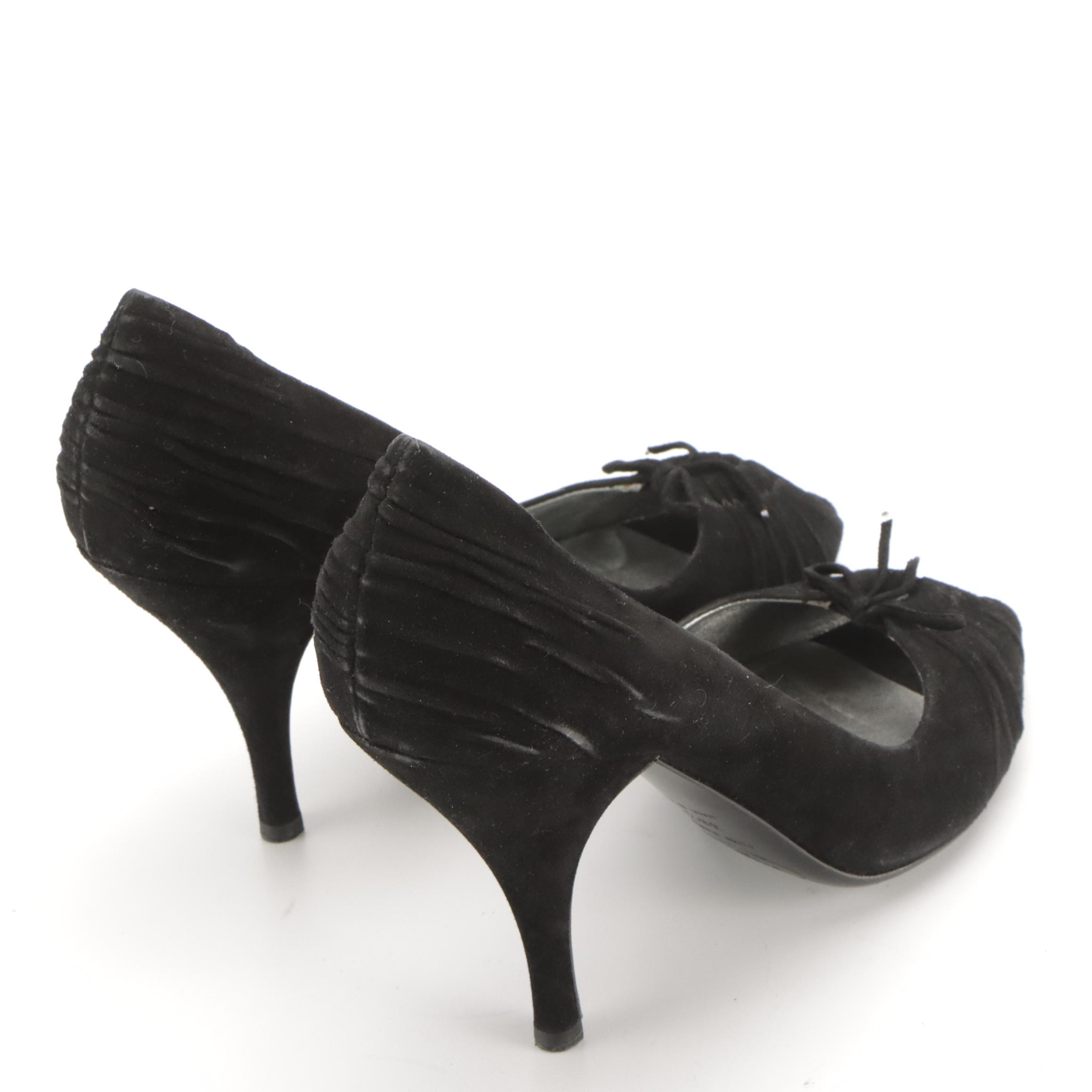 Prada Pleated Black Suede Keyhole Peep-Toe Bow Pumps in Box