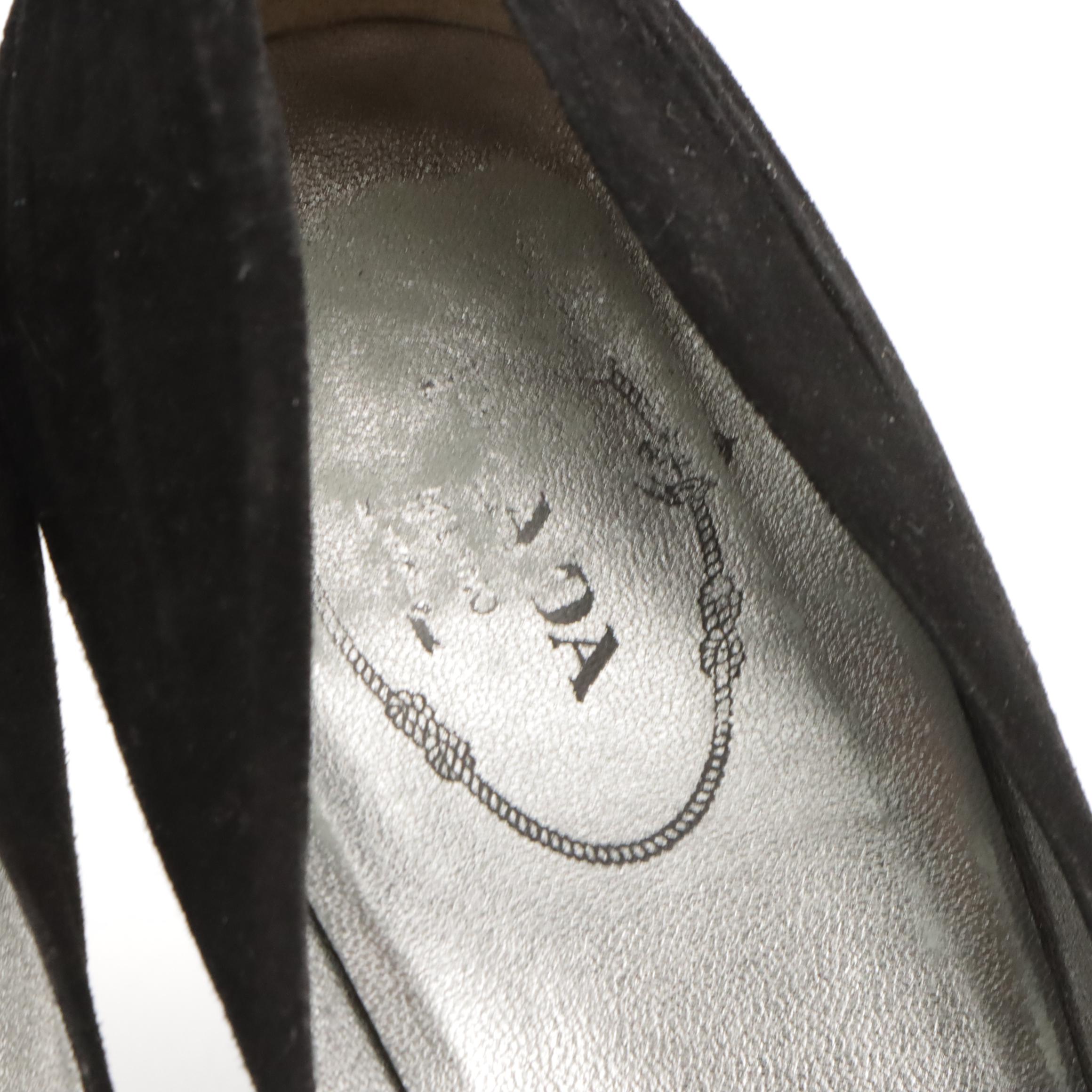 Prada Pleated Black Suede Keyhole Peep-Toe Bow Pumps in Box