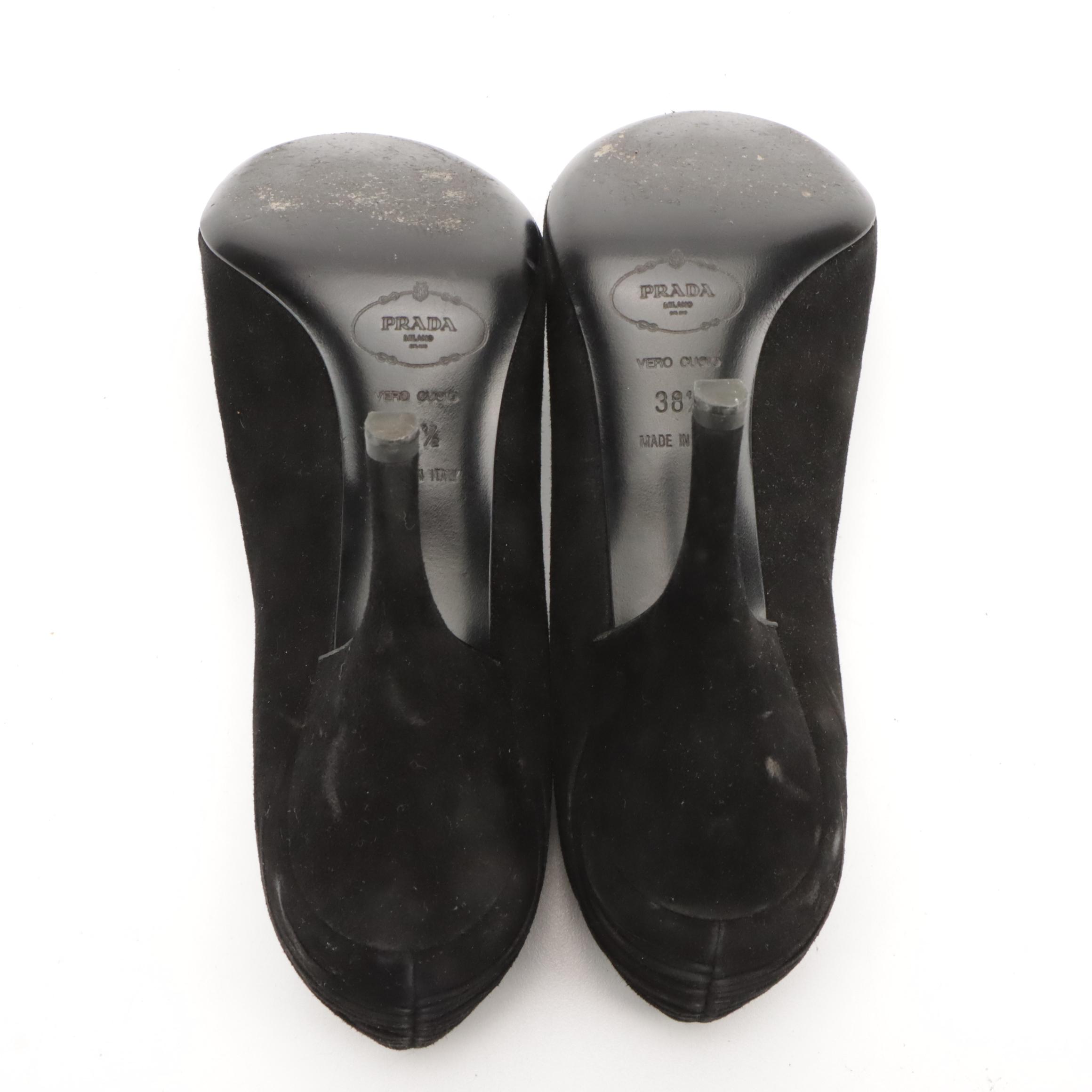 Prada Pleated Black Suede Keyhole Peep-Toe Bow Pumps in Box