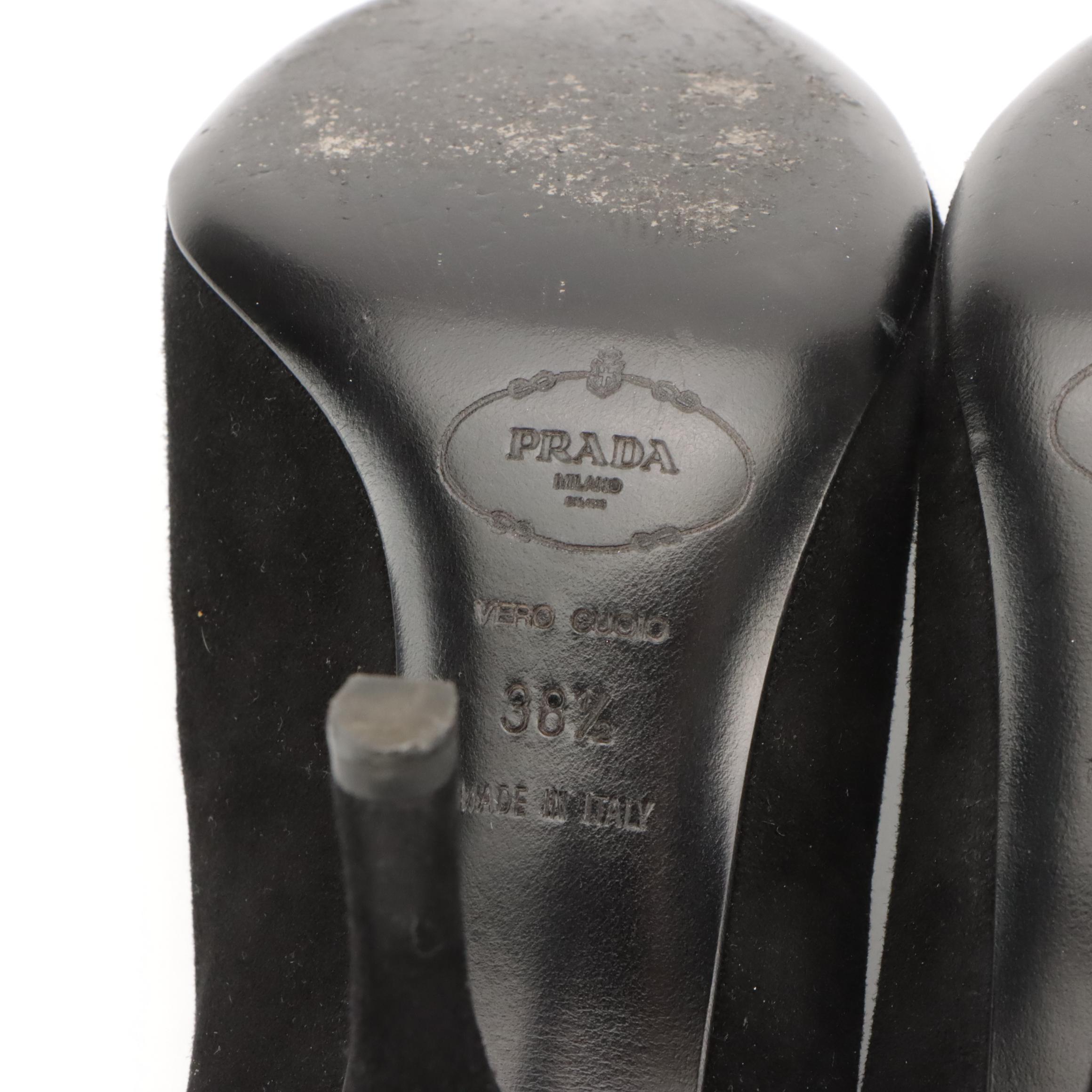 Prada Pleated Black Suede Keyhole Peep-Toe Bow Pumps in Box