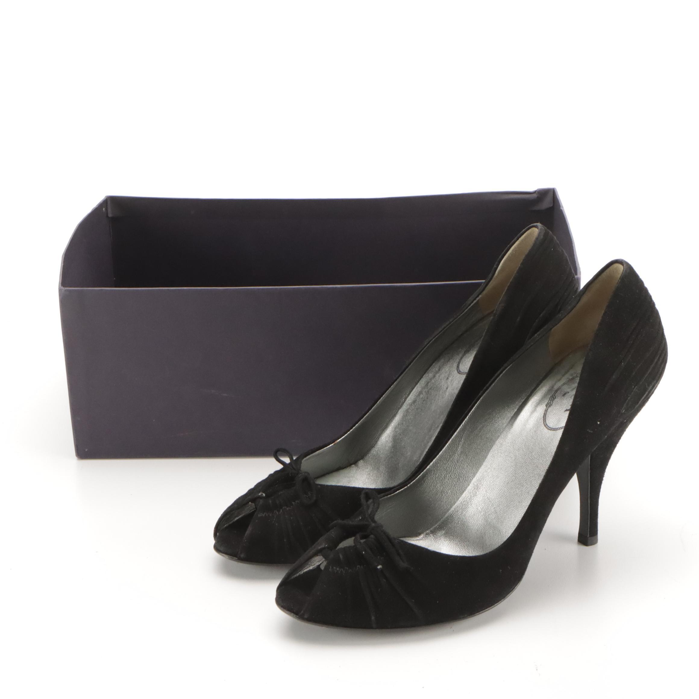 Prada Pleated Black Suede Keyhole Peep-Toe Bow Pumps in Box
