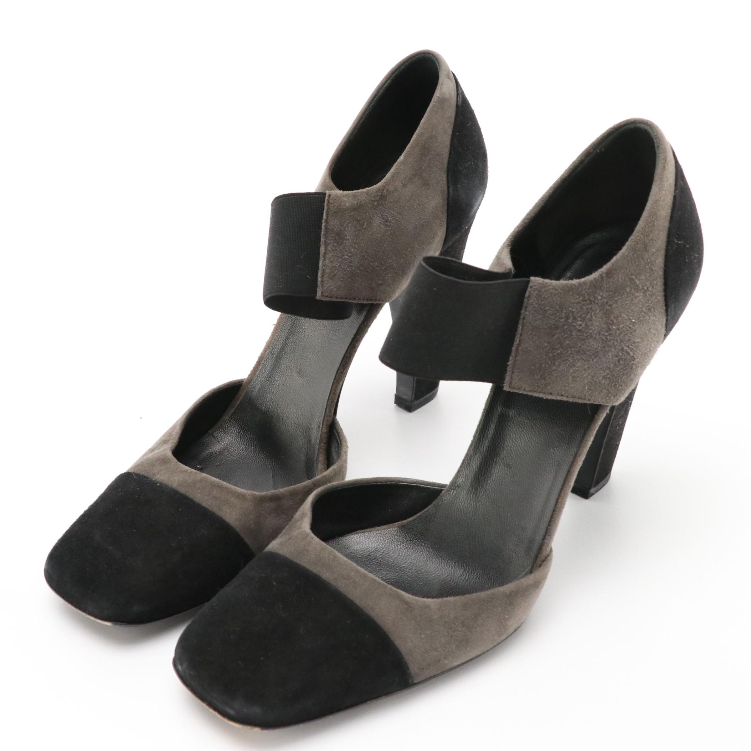 Prada Black and Grey Suede Square-Toe D'Orsay Pumps in Box