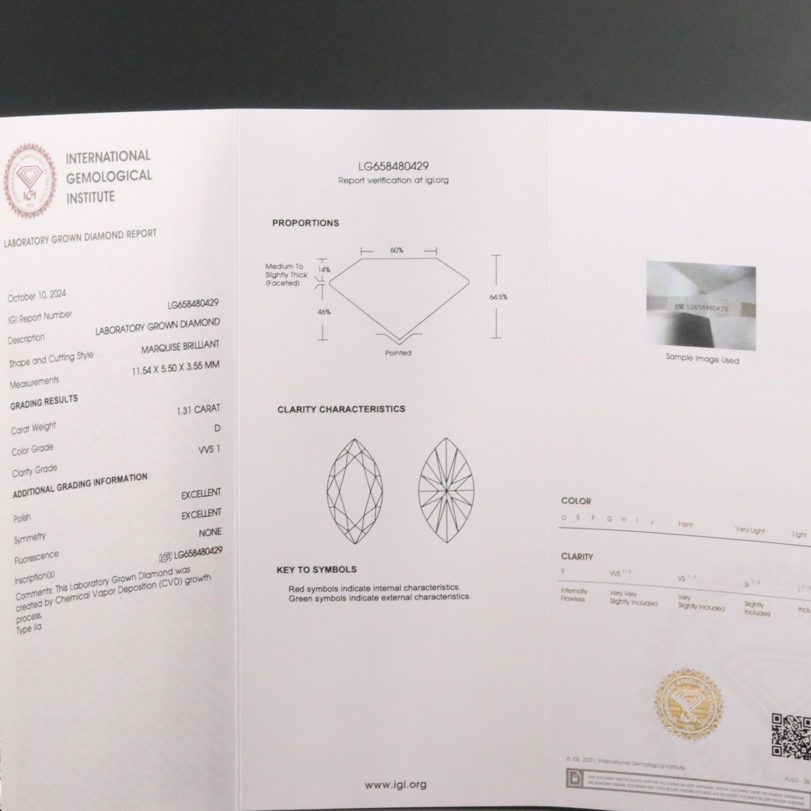 Loose 1.31 CT Lab Grown Diamond with IGI Report