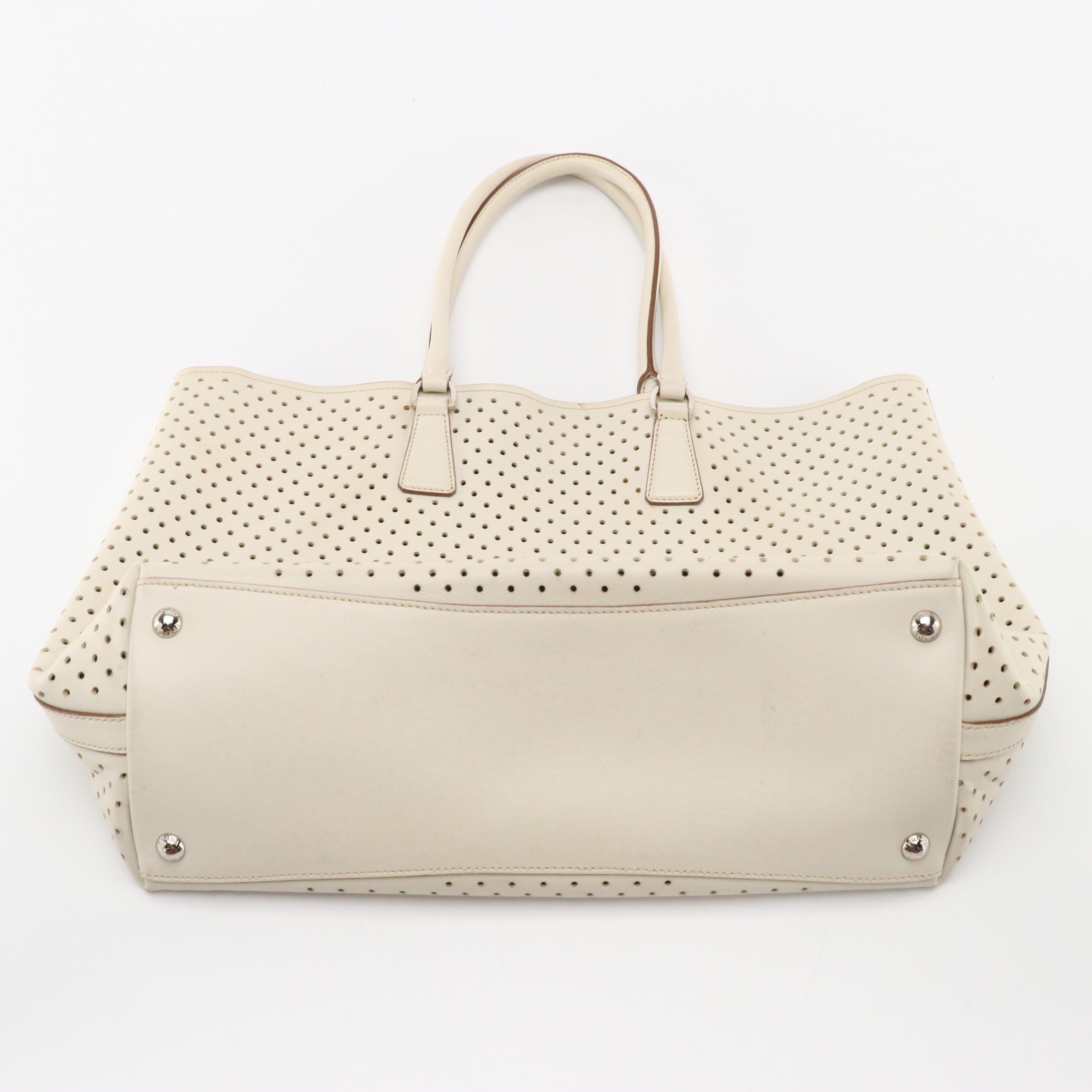Prada Ivory Perforated Leather Two-Way Tote Bag and Zip Pouch