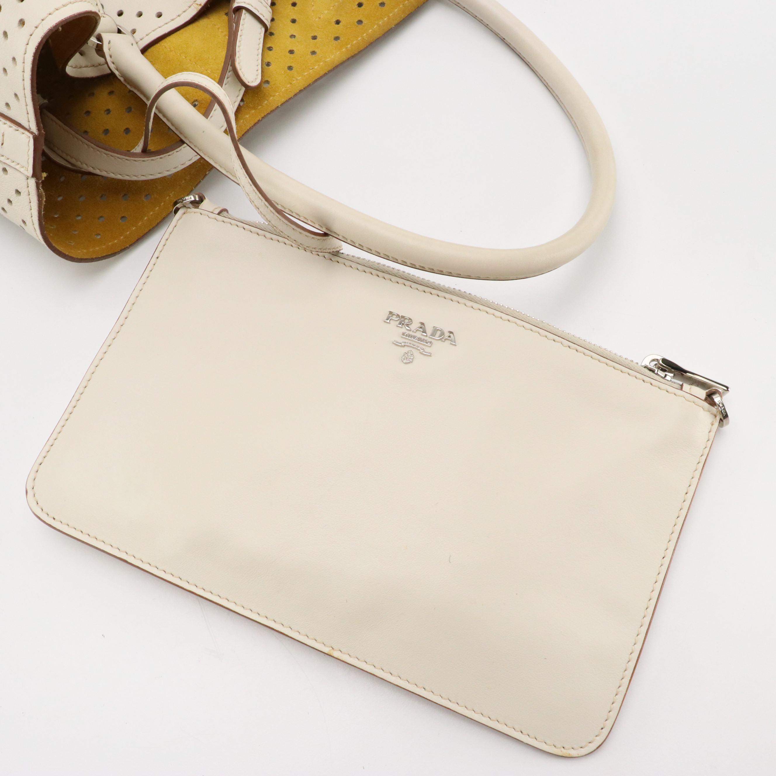 Prada Ivory Perforated Leather Two-Way Tote Bag and Zip Pouch