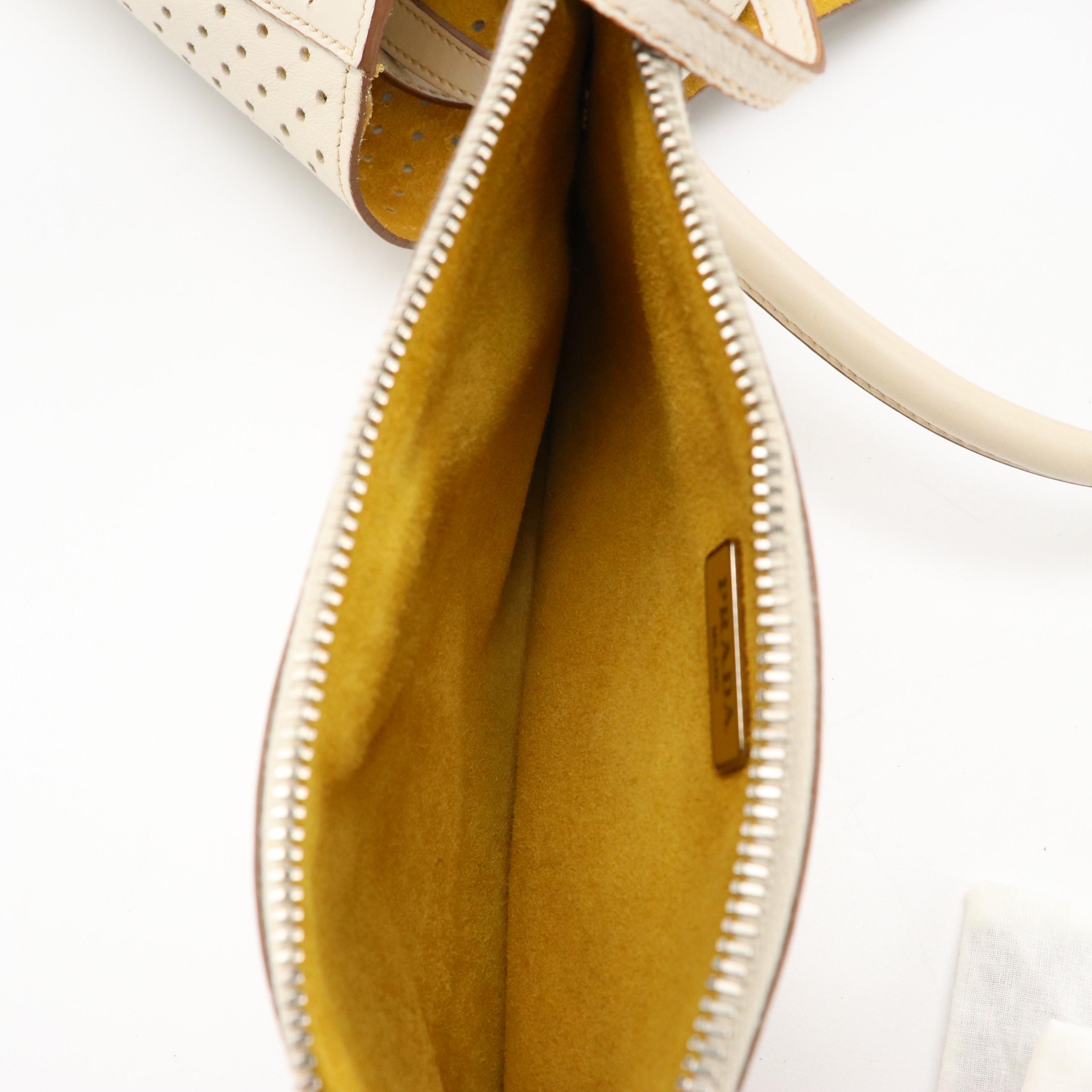 Prada Ivory Perforated Leather Two-Way Tote Bag and Zip Pouch