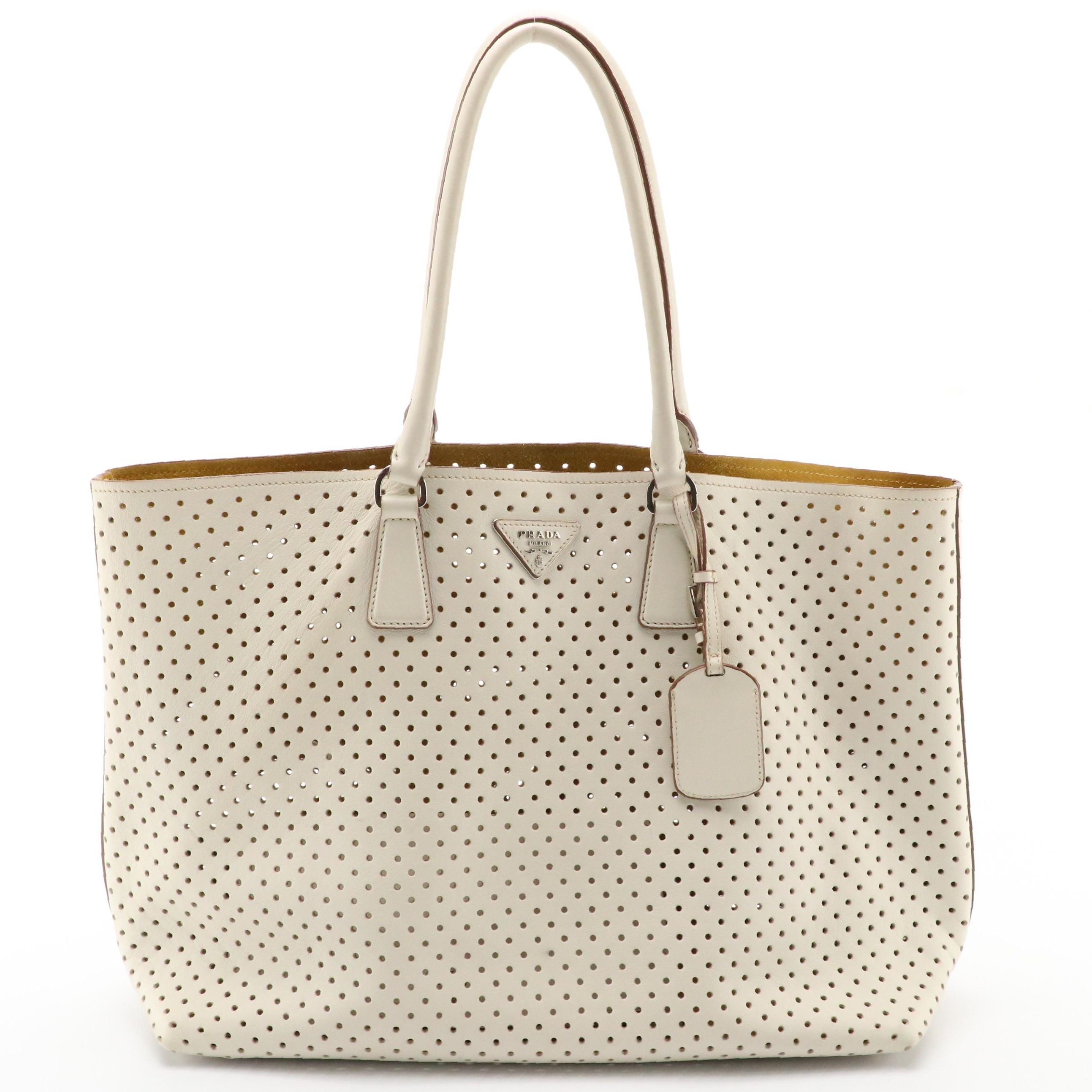 Prada Ivory Perforated Leather Two-Way Tote Bag and Zip Pouch
