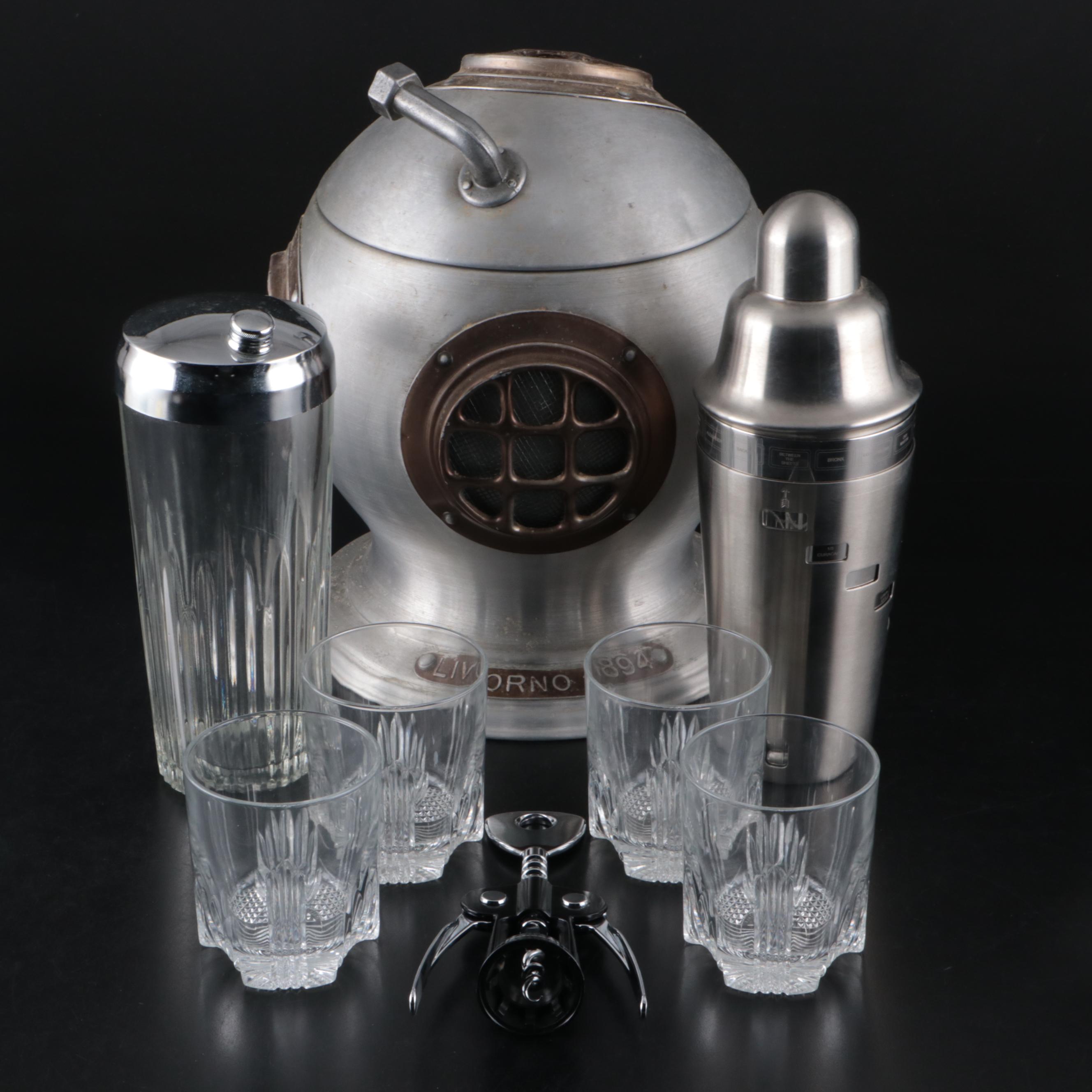 Dive Helmet Ice Bucket with Cocktail Shakers and Old Fashioned Glasses