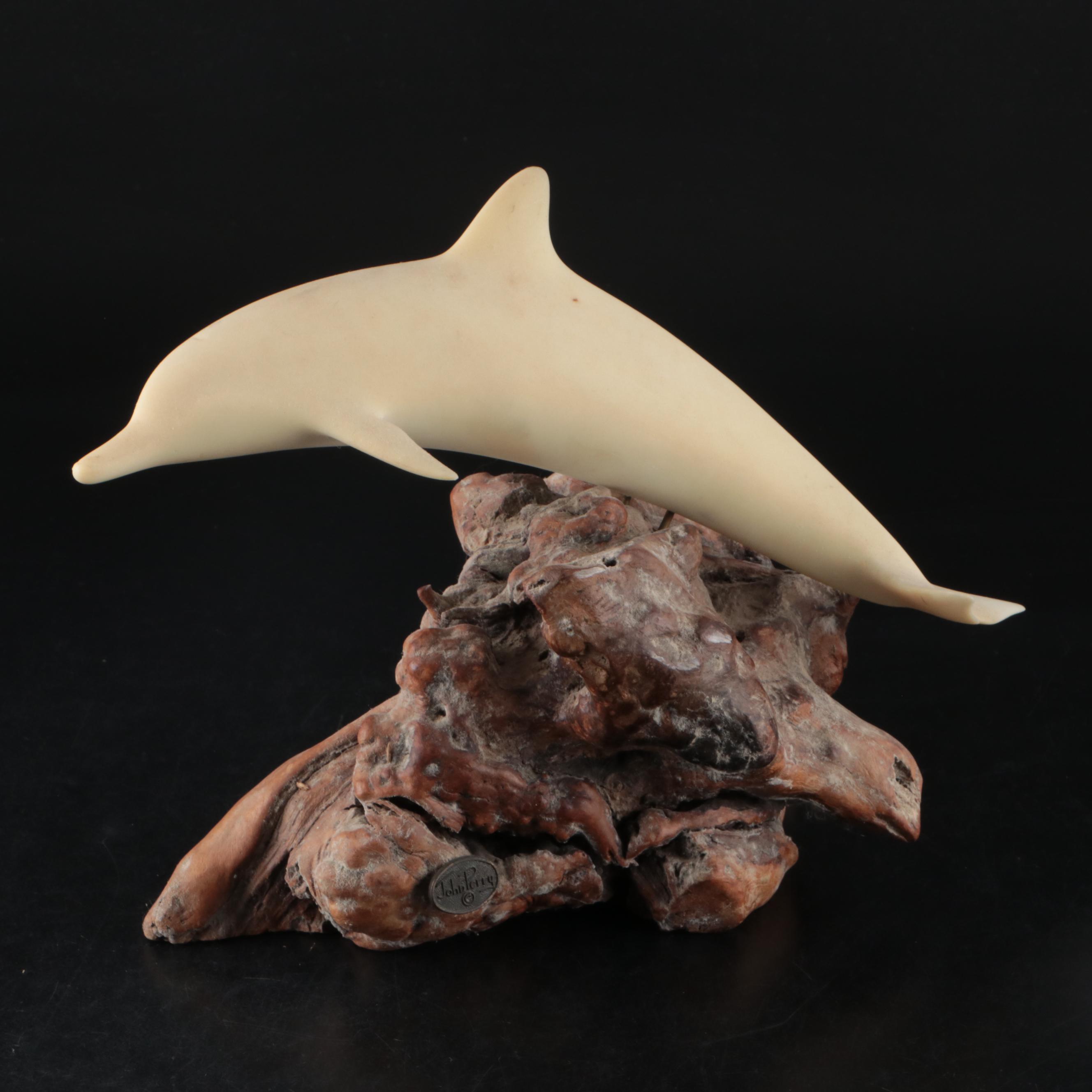 Dolphin Figure on Burl Wood Base by John Perry