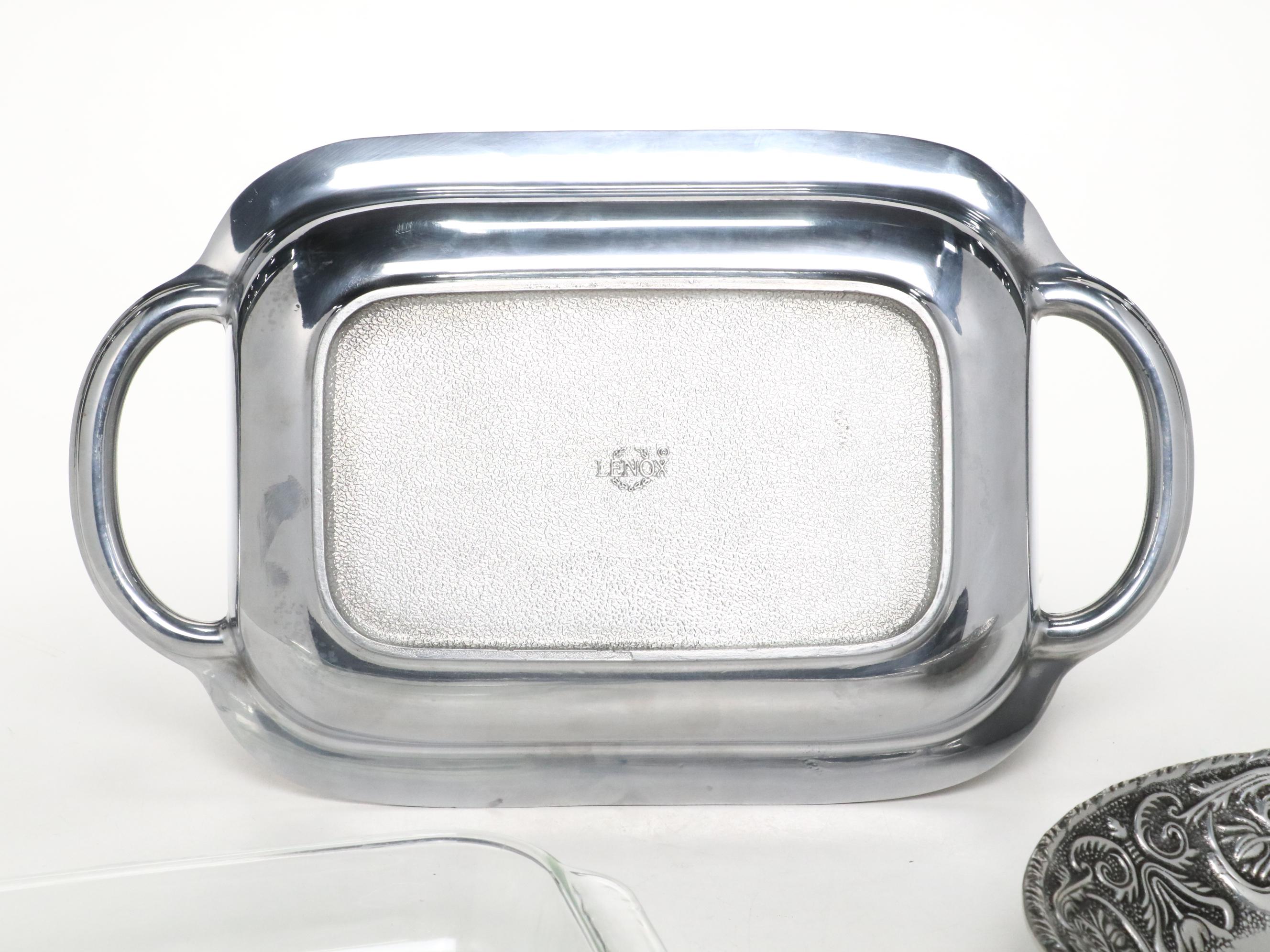 Lenox Pewter "Spyro" Baker with Glass Insert and Other Serving Pieces