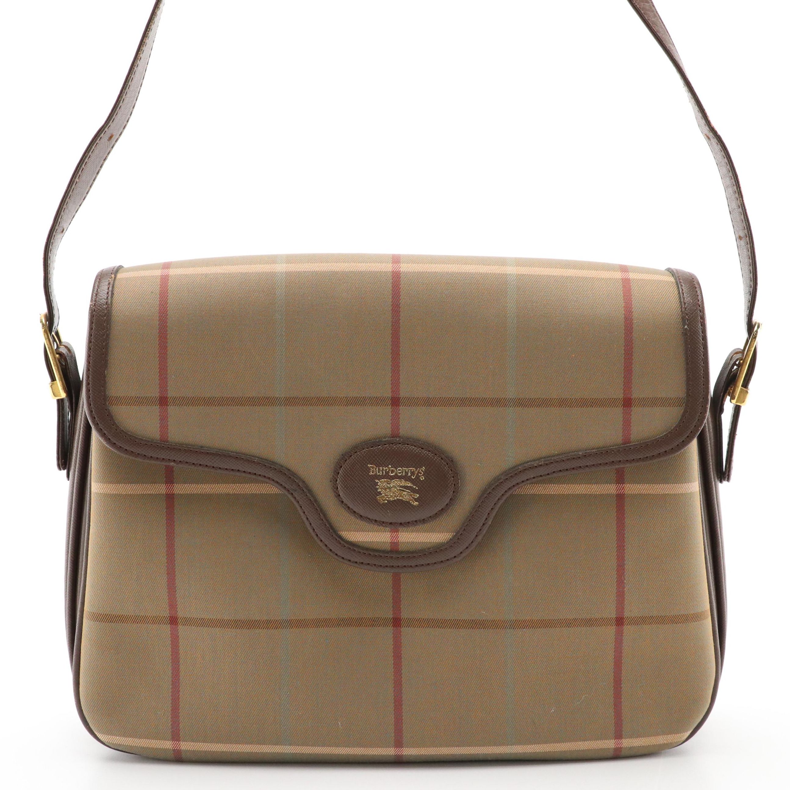 Burberrys Flap-Front Shoulder Bag in Windowpane Check Canvas and Leather Trim