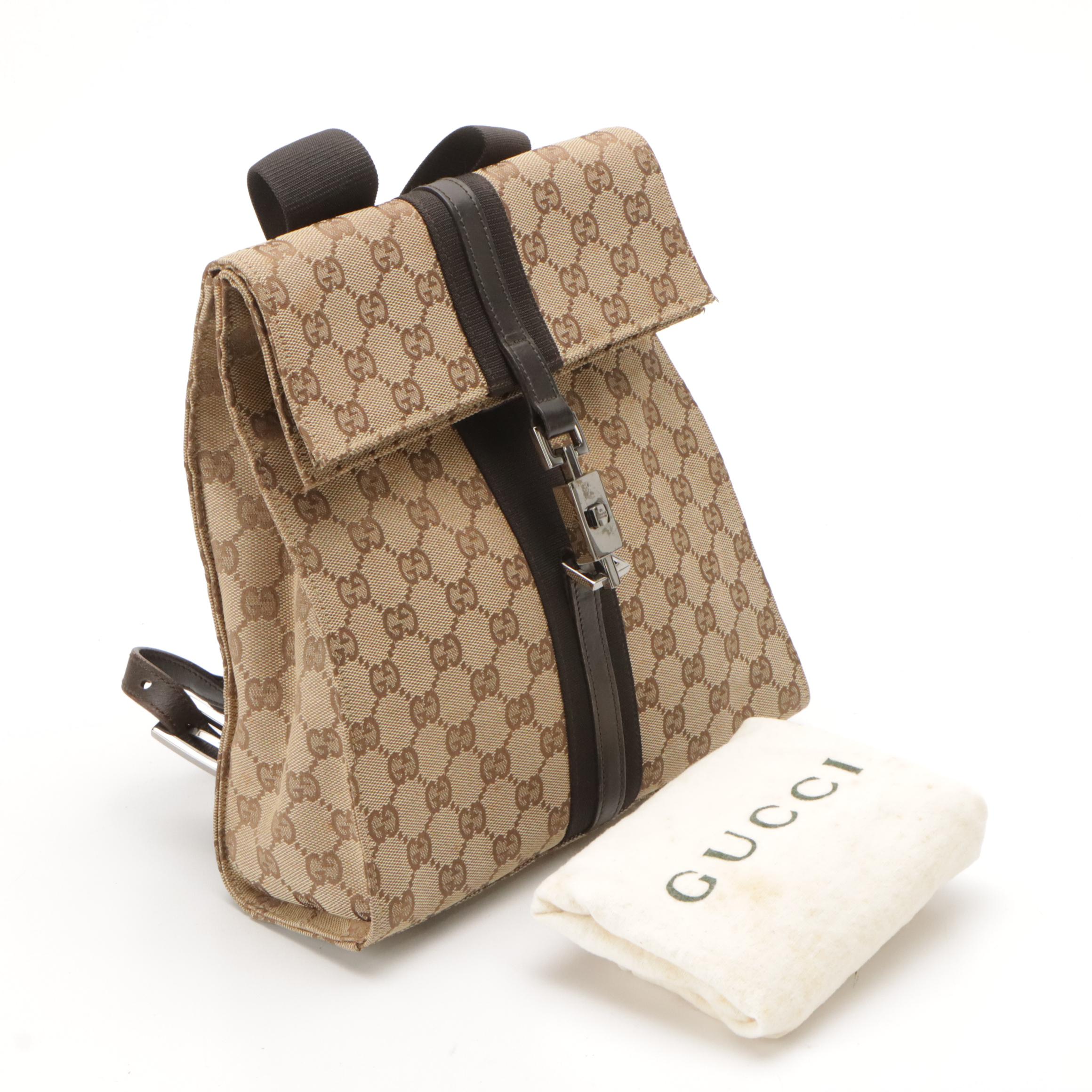 Gucci GG Canvas and Leather Backpack with Push Lock