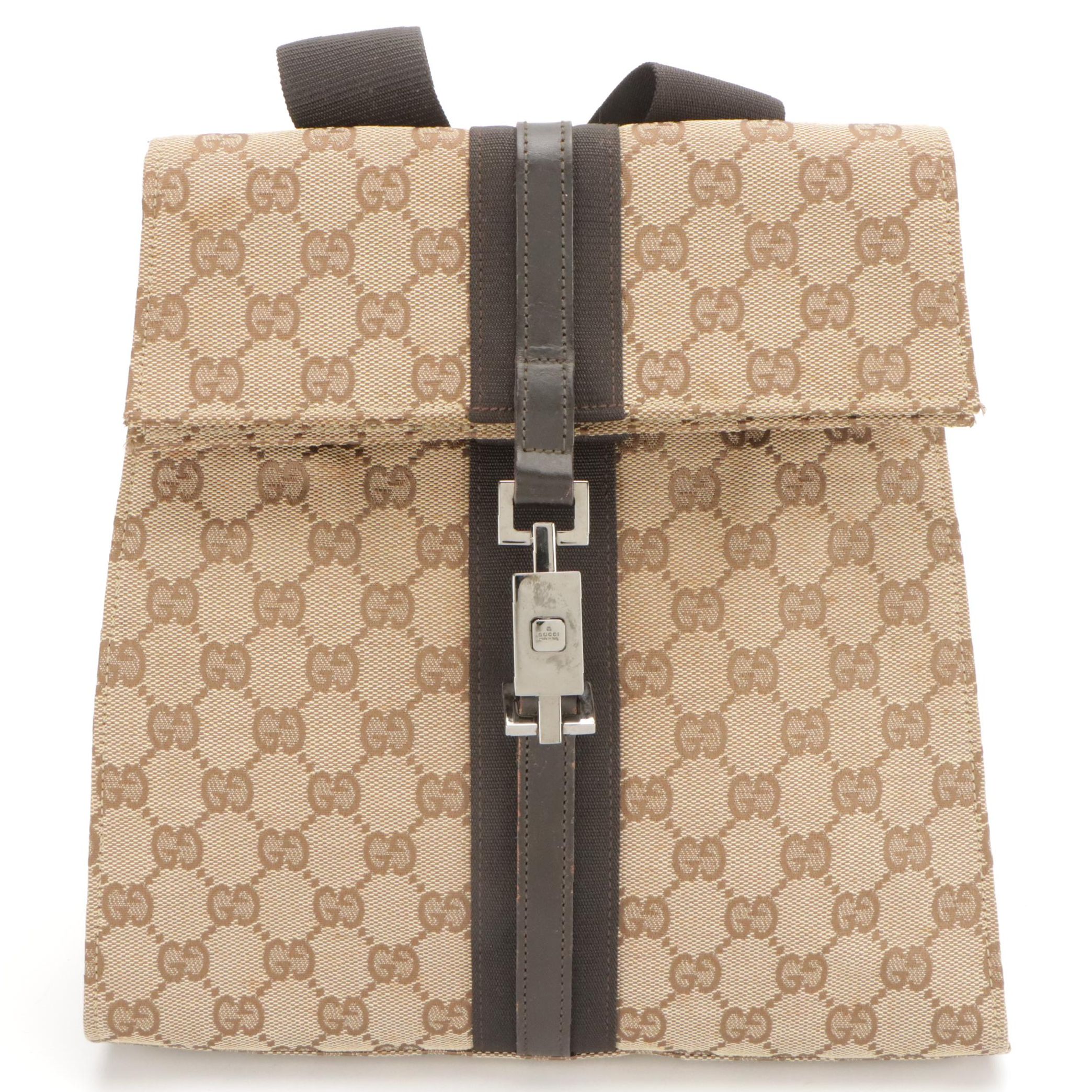 Gucci GG Canvas and Leather Backpack with Push Lock