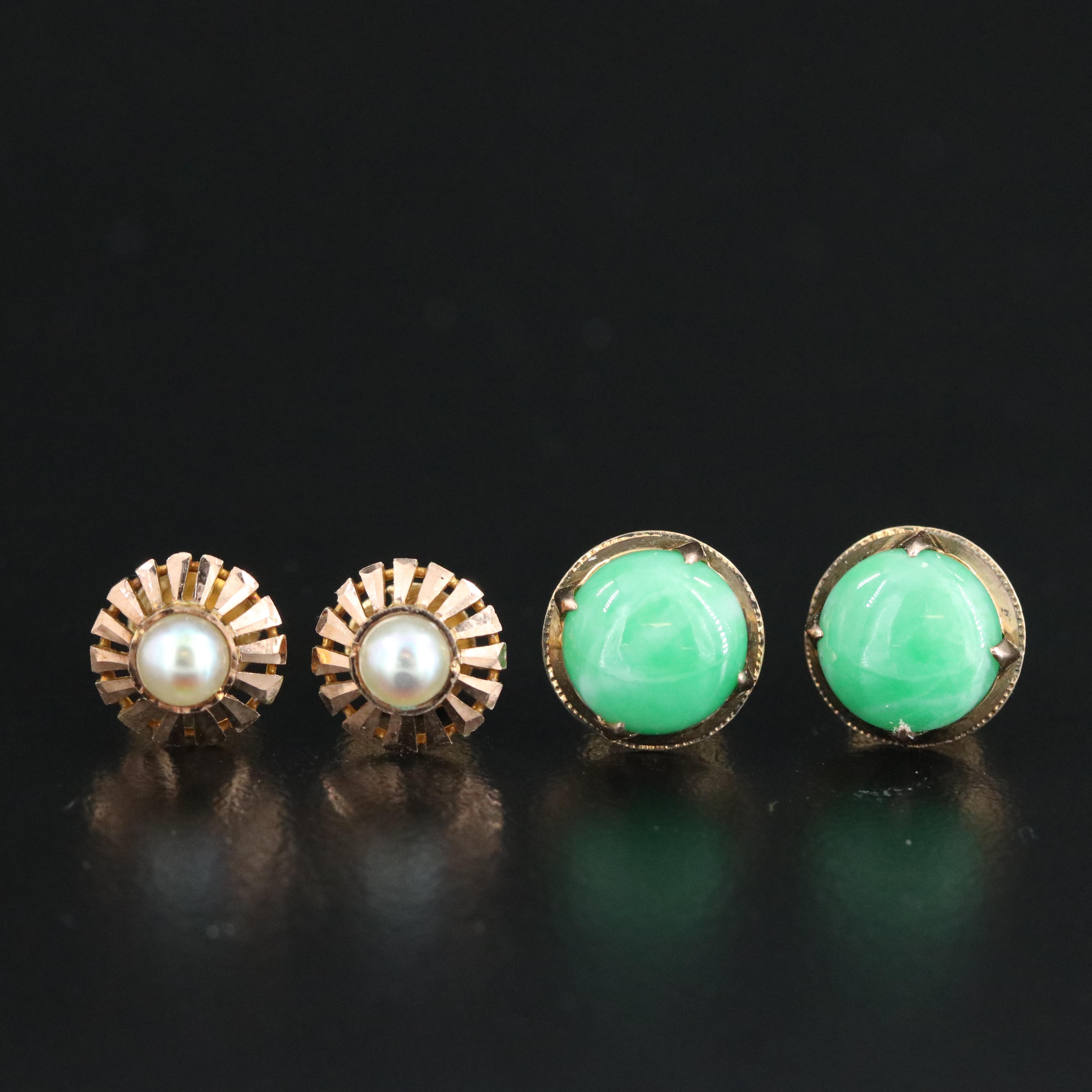 14K Imitation Pearl and 10K Jadeite Stud Earrings