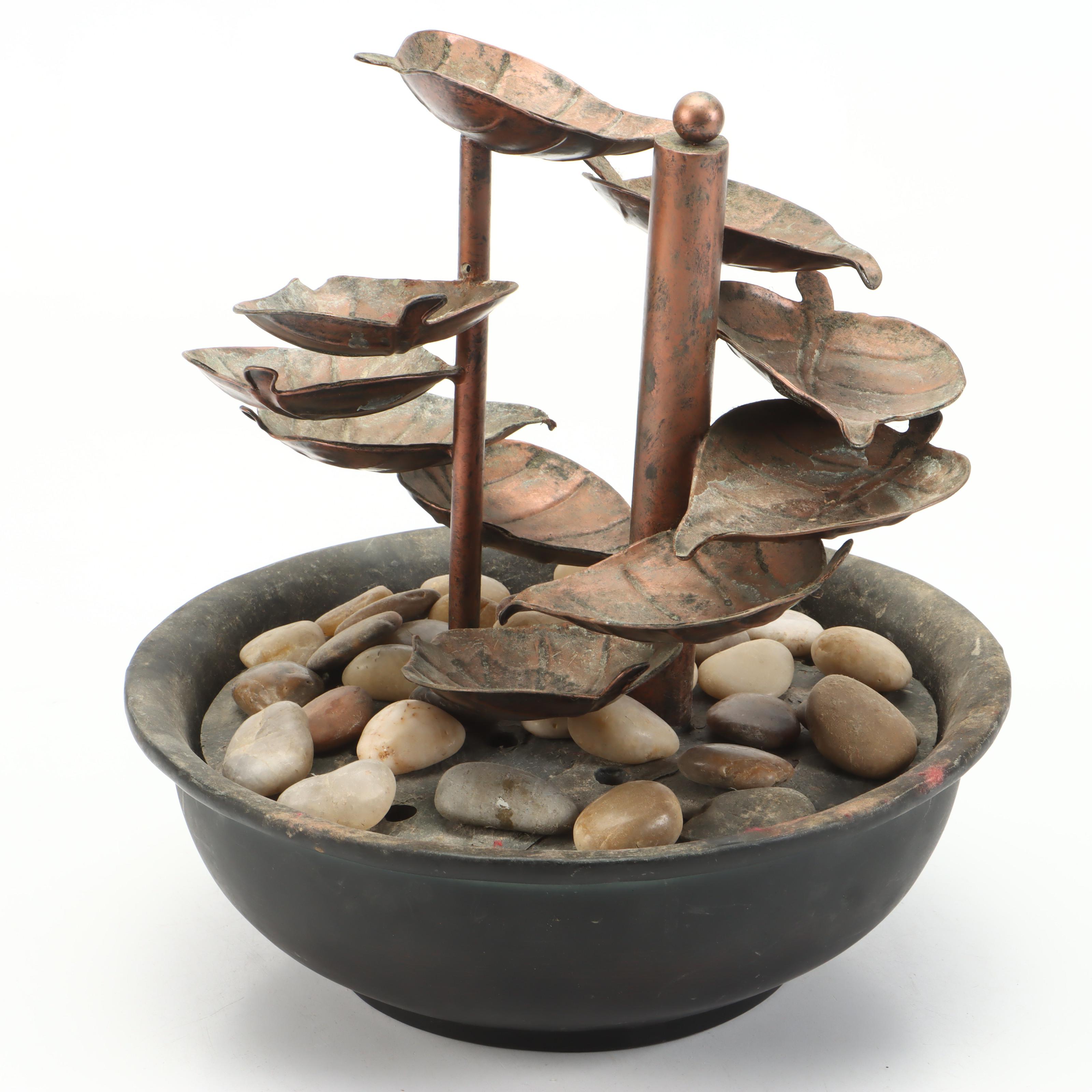 Copper Leaf Tabletop Fountain with Torch Cut Metal Fish Votive Lamp