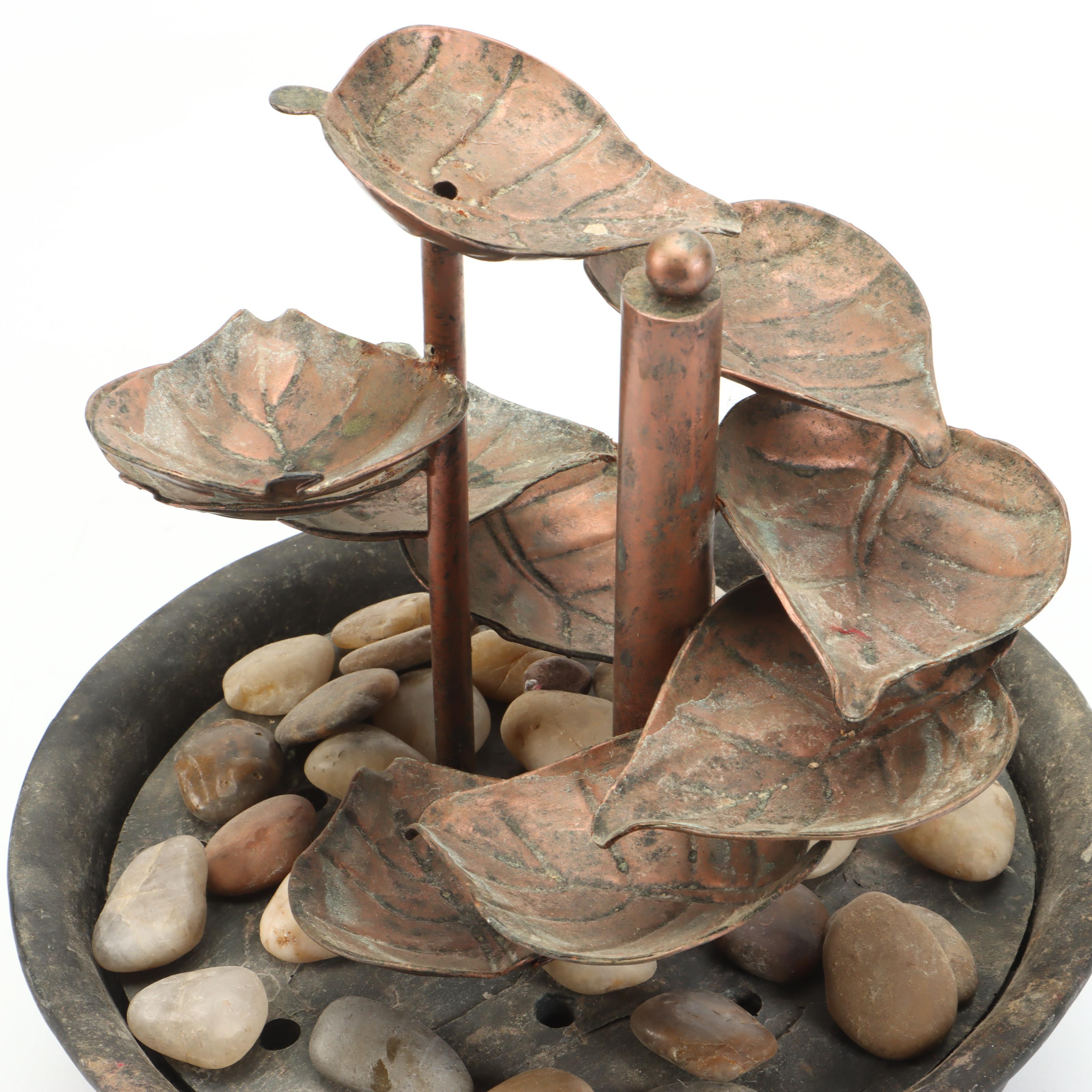 Copper Leaf Tabletop Fountain with Torch Cut Metal Fish Votive Lamp