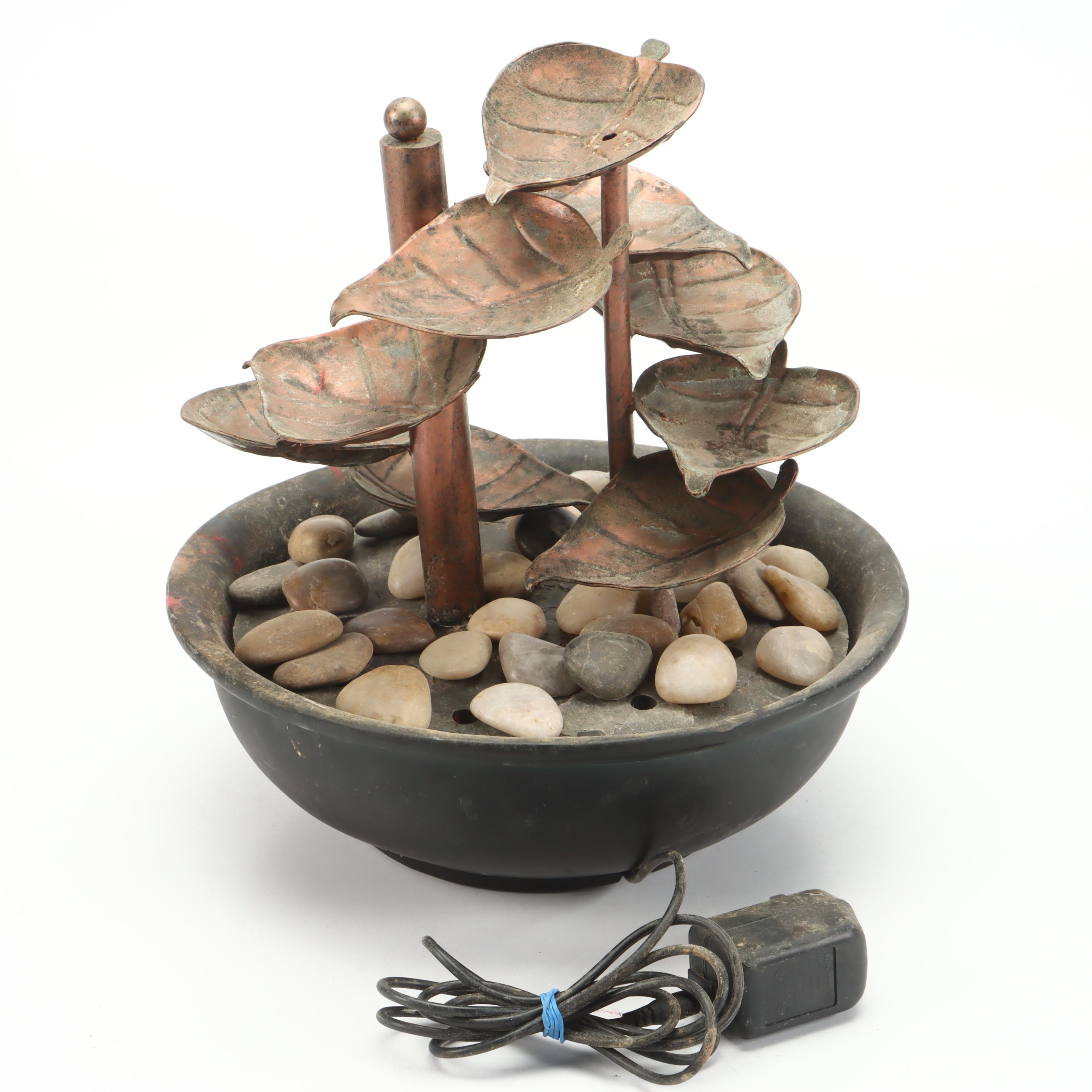Copper Leaf Tabletop Fountain with Torch Cut Metal Fish Votive Lamp