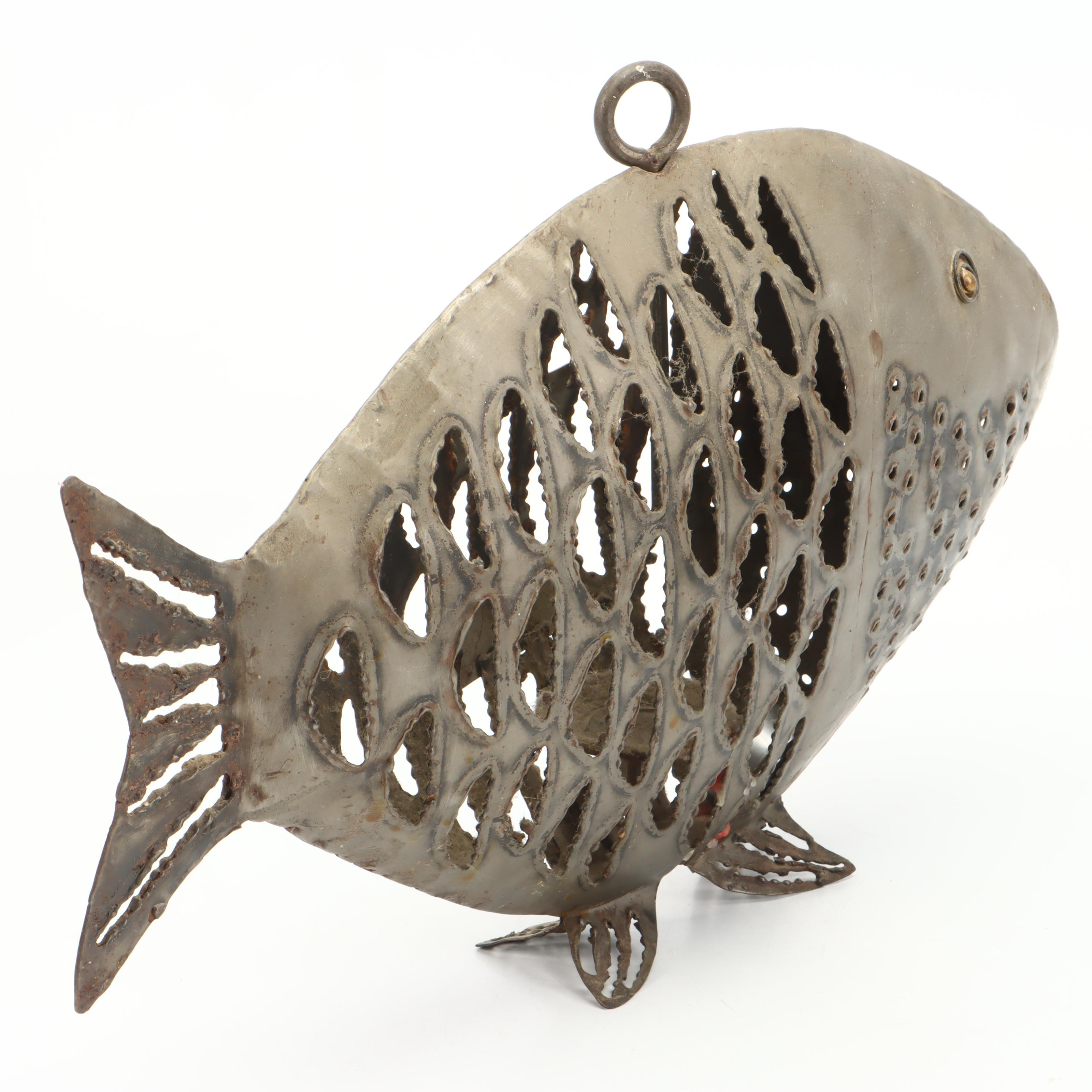 Copper Leaf Tabletop Fountain with Torch Cut Metal Fish Votive Lamp