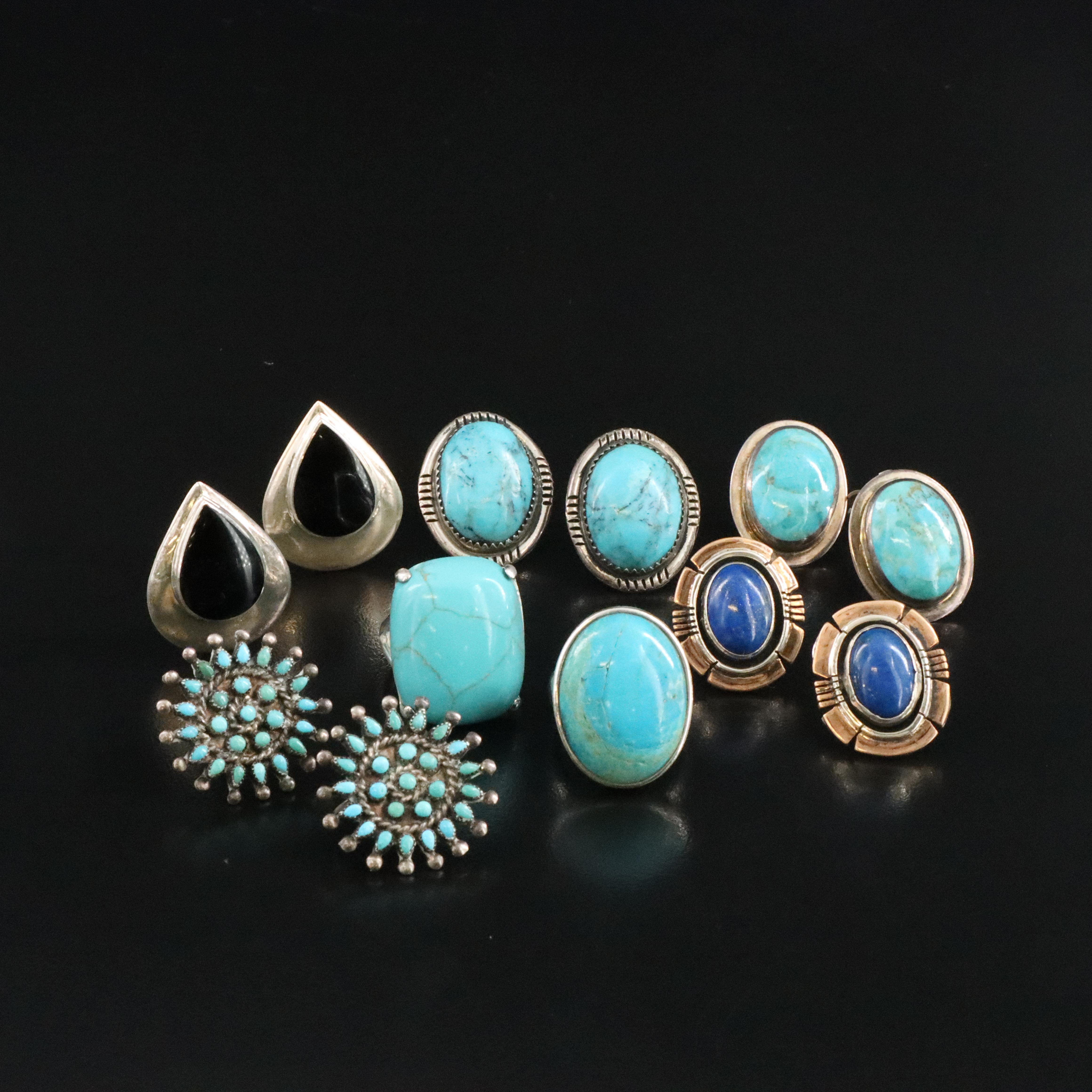 Sterling Gemstone Earrings and Ring Collection Including Turquoise