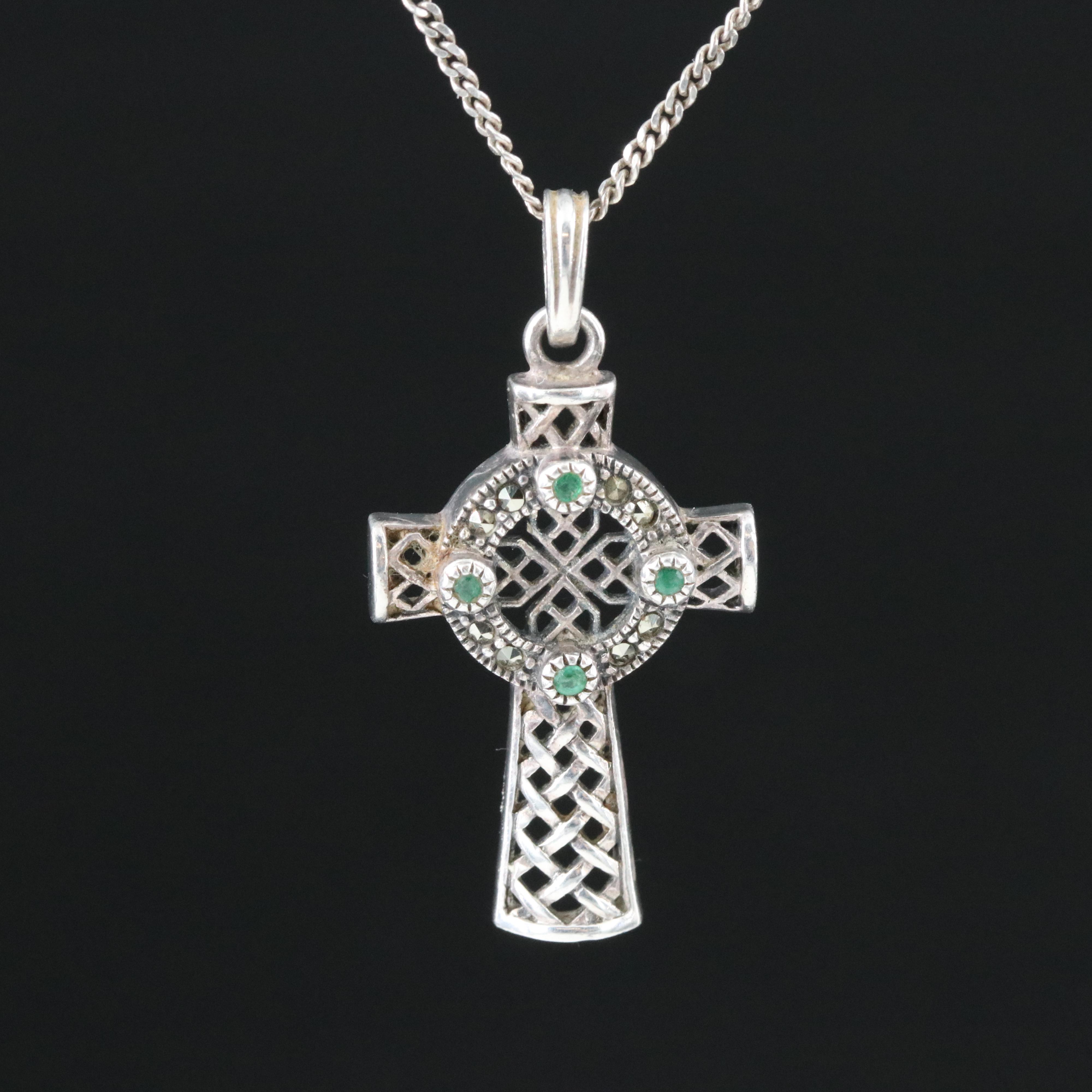 Sterling Emerald and Marcasite Celtic Cross Pendant Necklace