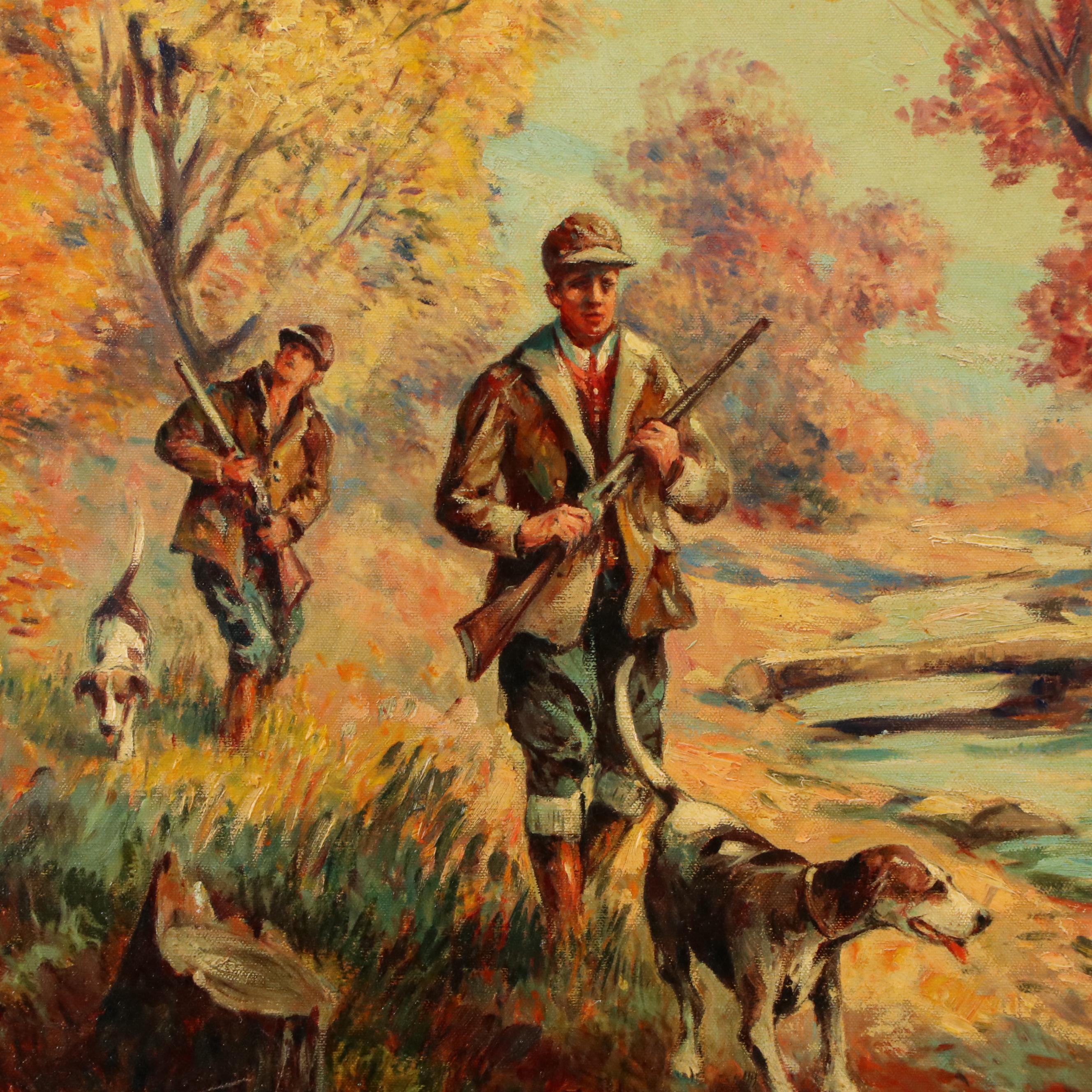 Marius Hubert-Robert Autumn Hunting Scene Oil Painting, Circa 1940