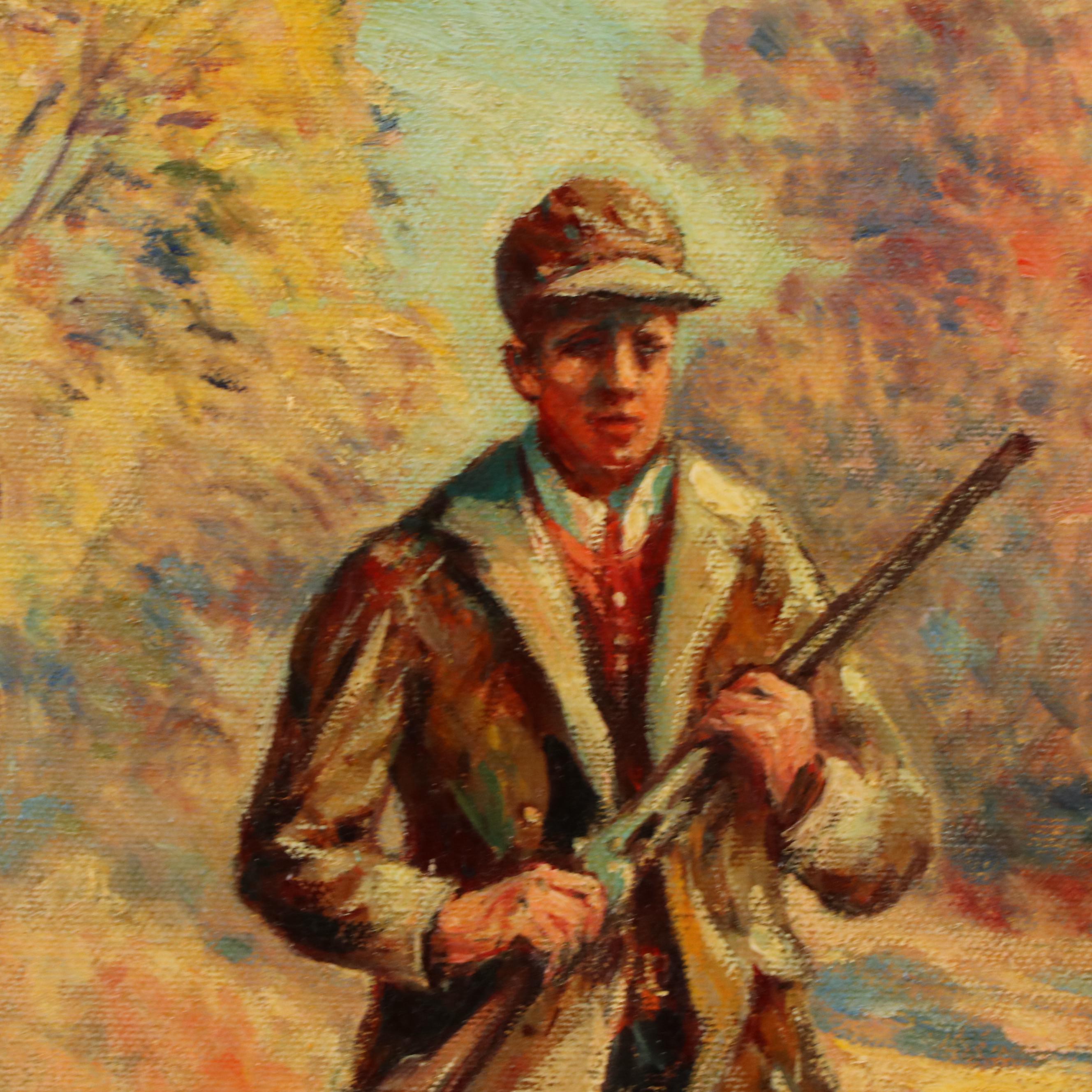 Marius Hubert-Robert Autumn Hunting Scene Oil Painting, Circa 1940