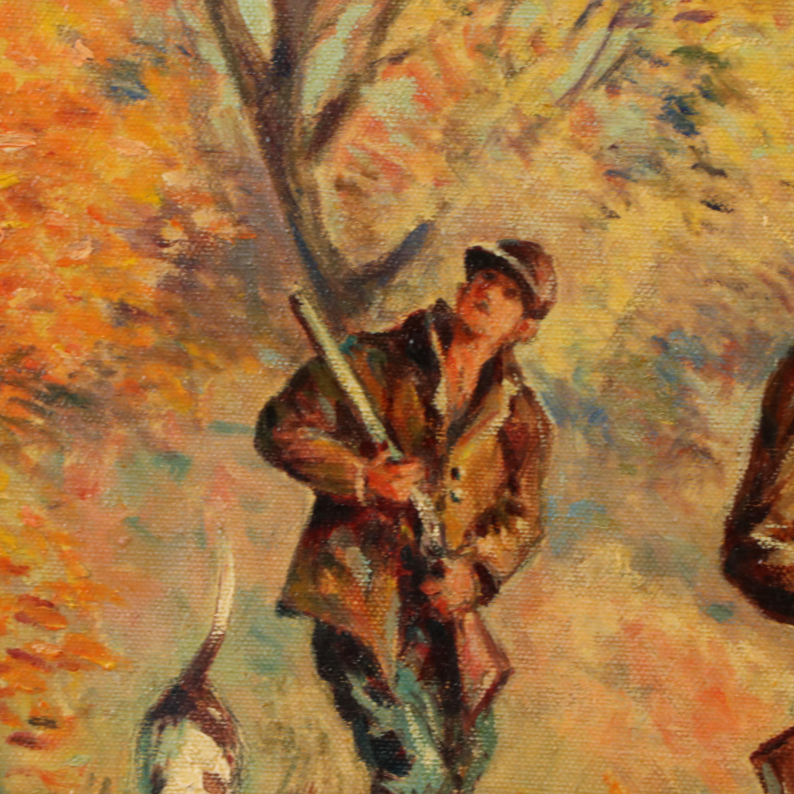 Marius Hubert-Robert Autumn Hunting Scene Oil Painting, Circa 1940