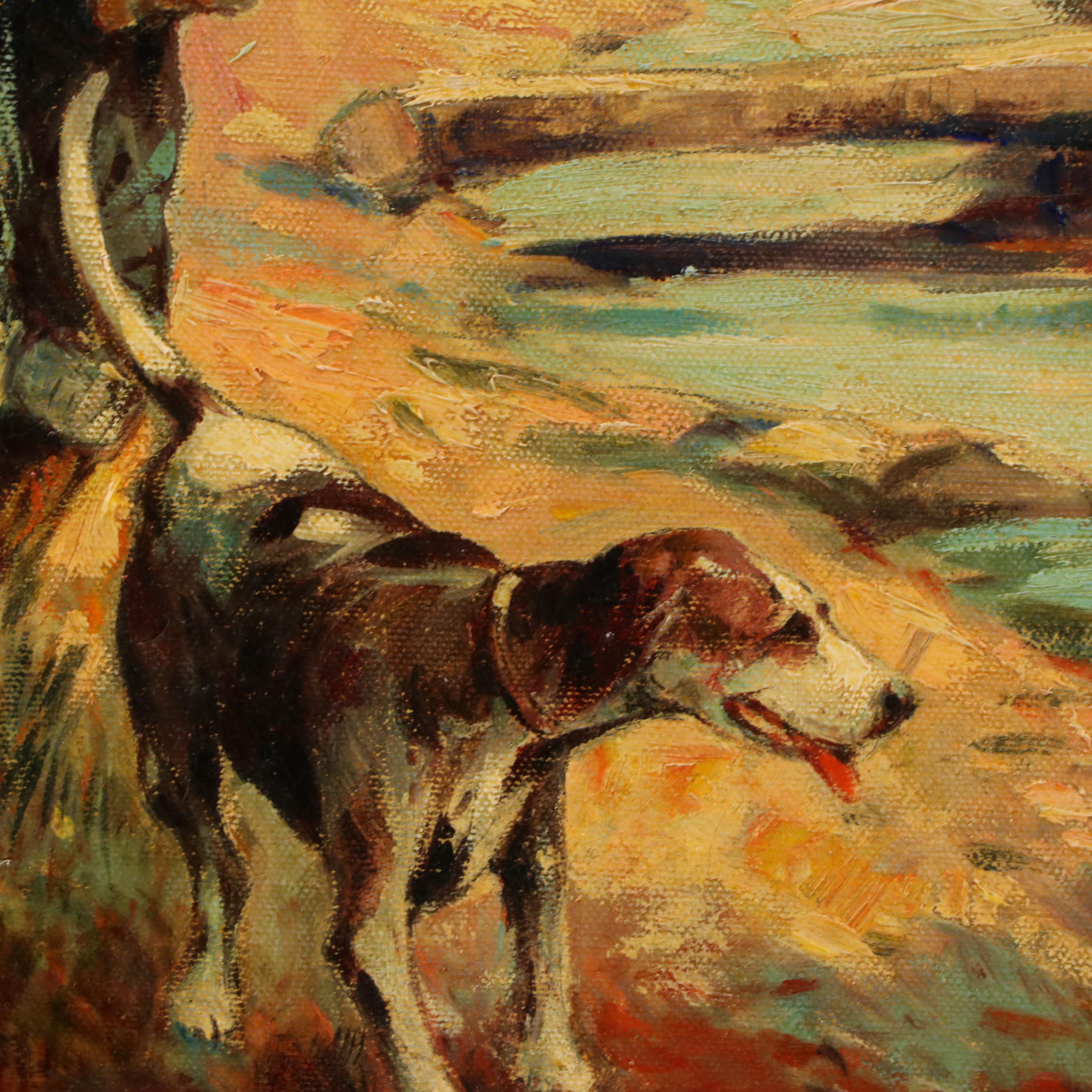 Marius Hubert-Robert Autumn Hunting Scene Oil Painting, Circa 1940