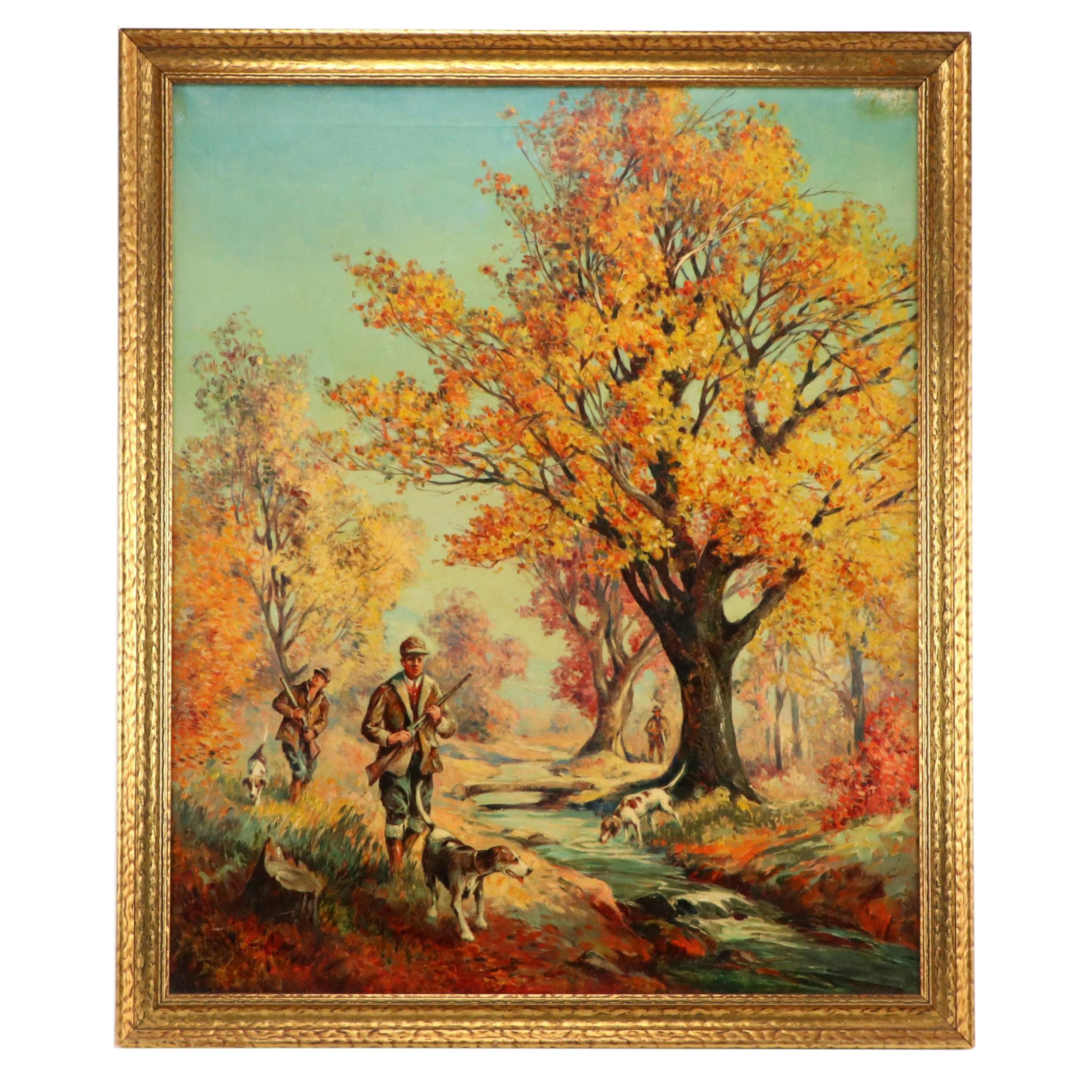 Marius Hubert-Robert Autumn Hunting Scene Oil Painting, Circa 1940
